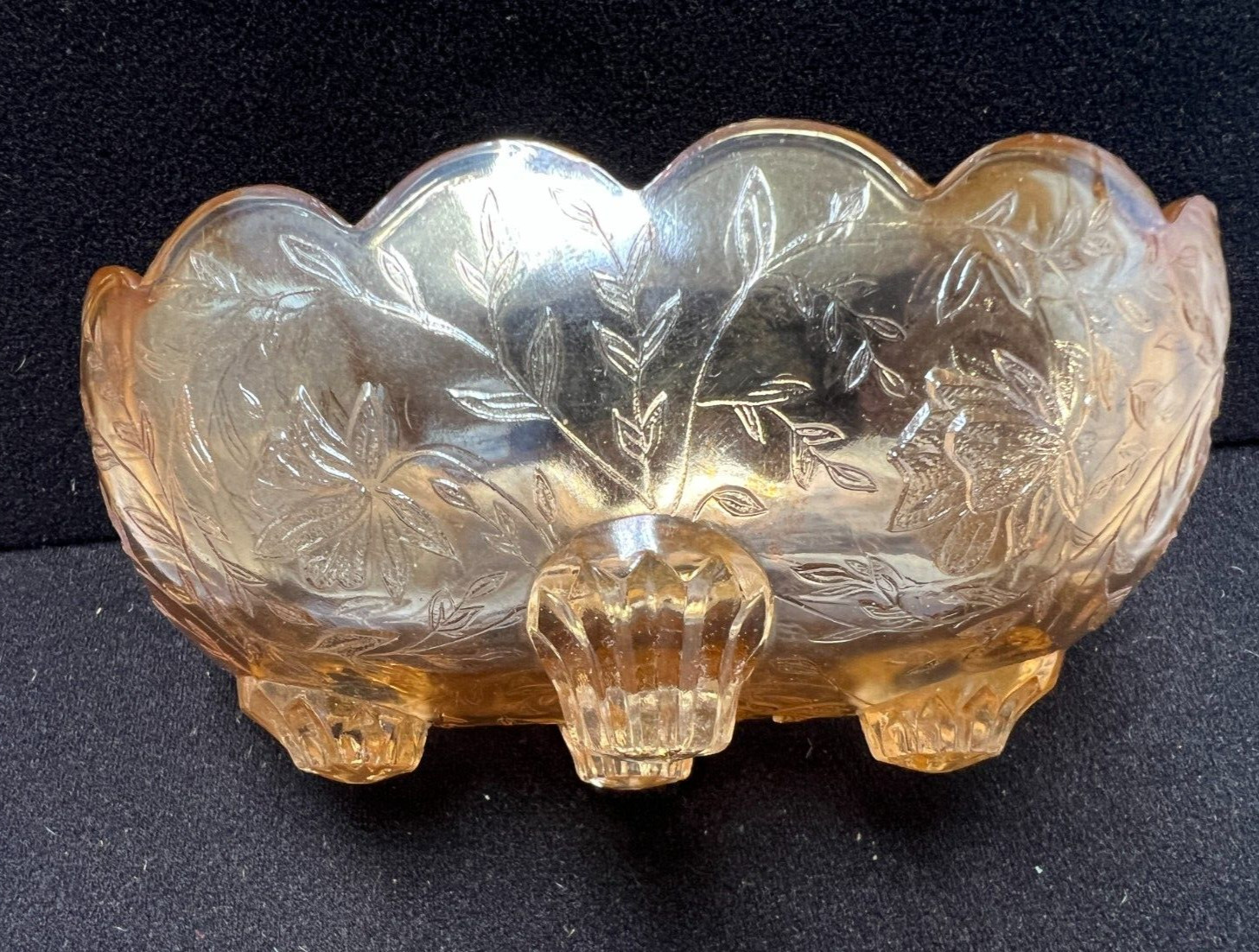 Vtg Jeanette Flora Amber Iridescent Carnival Glass Small Candy Dish bowl 4 feet