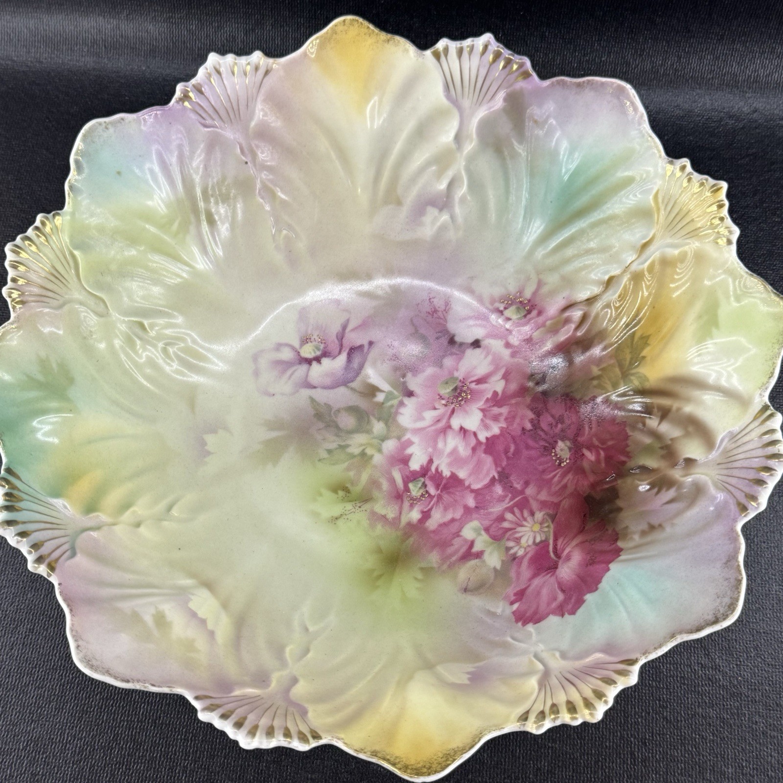 Antique RS Prussia Rare Shell & Fan Mold 10” Bowl Pink Floral Bouquet