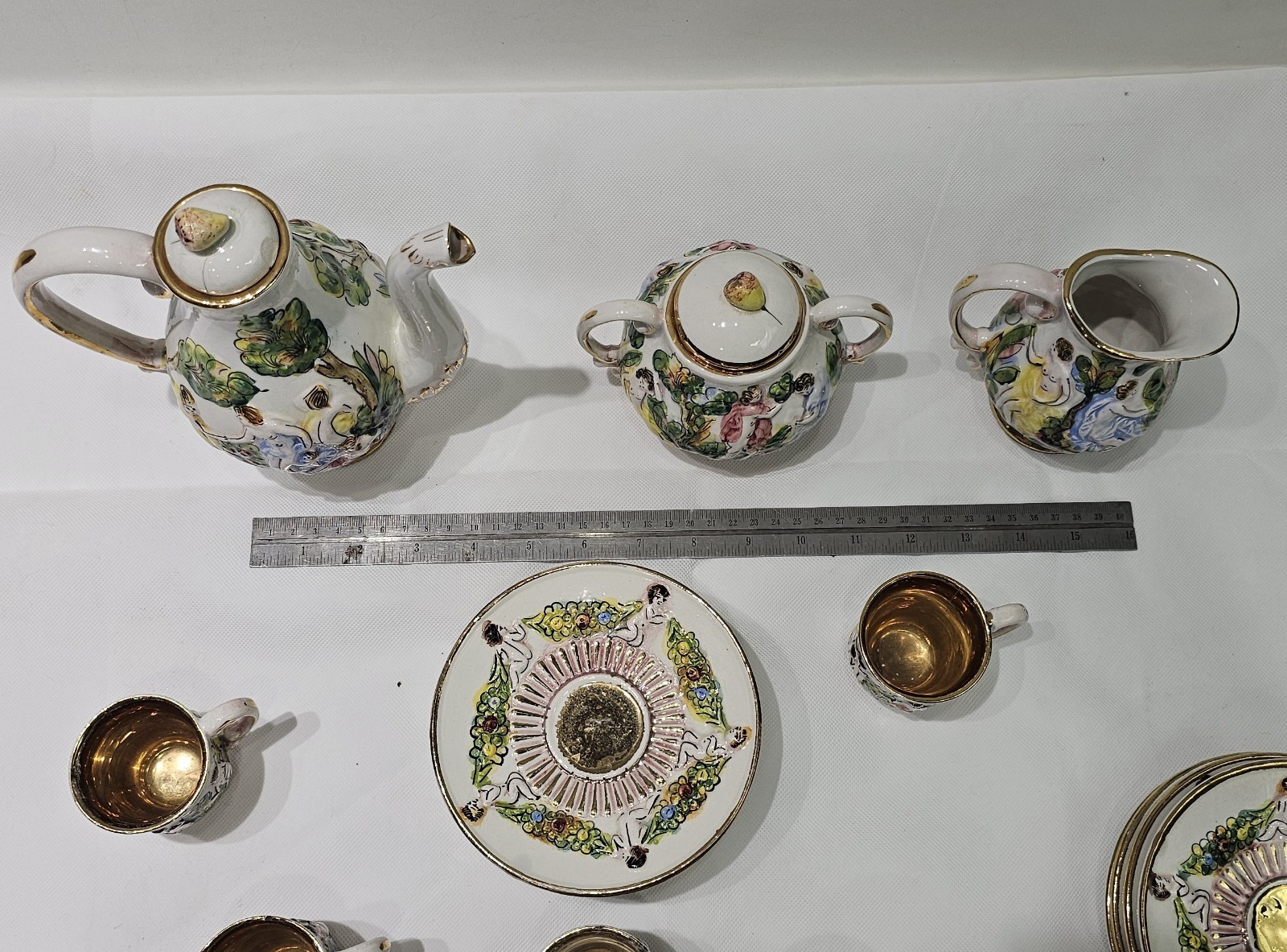 Capodimonte Italy Demitasse Coffee Set for 8 Cup & Saucer Cherubs Cupids Gold