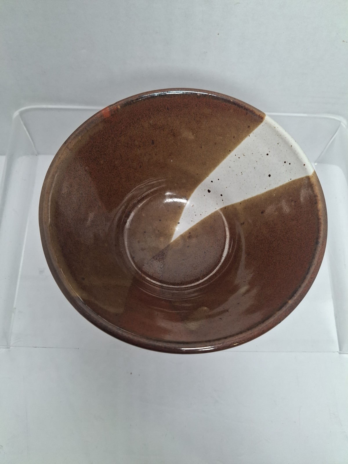 Vintage Signed Studio Art Pottery Bowl Mid Century Brown White Asymmetrical…