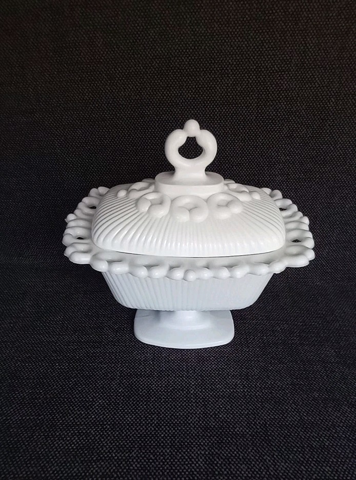 Westmoreland DORIC Ribbed Open Lace Milk Glass Pedestal Compote Bowl with Lid
