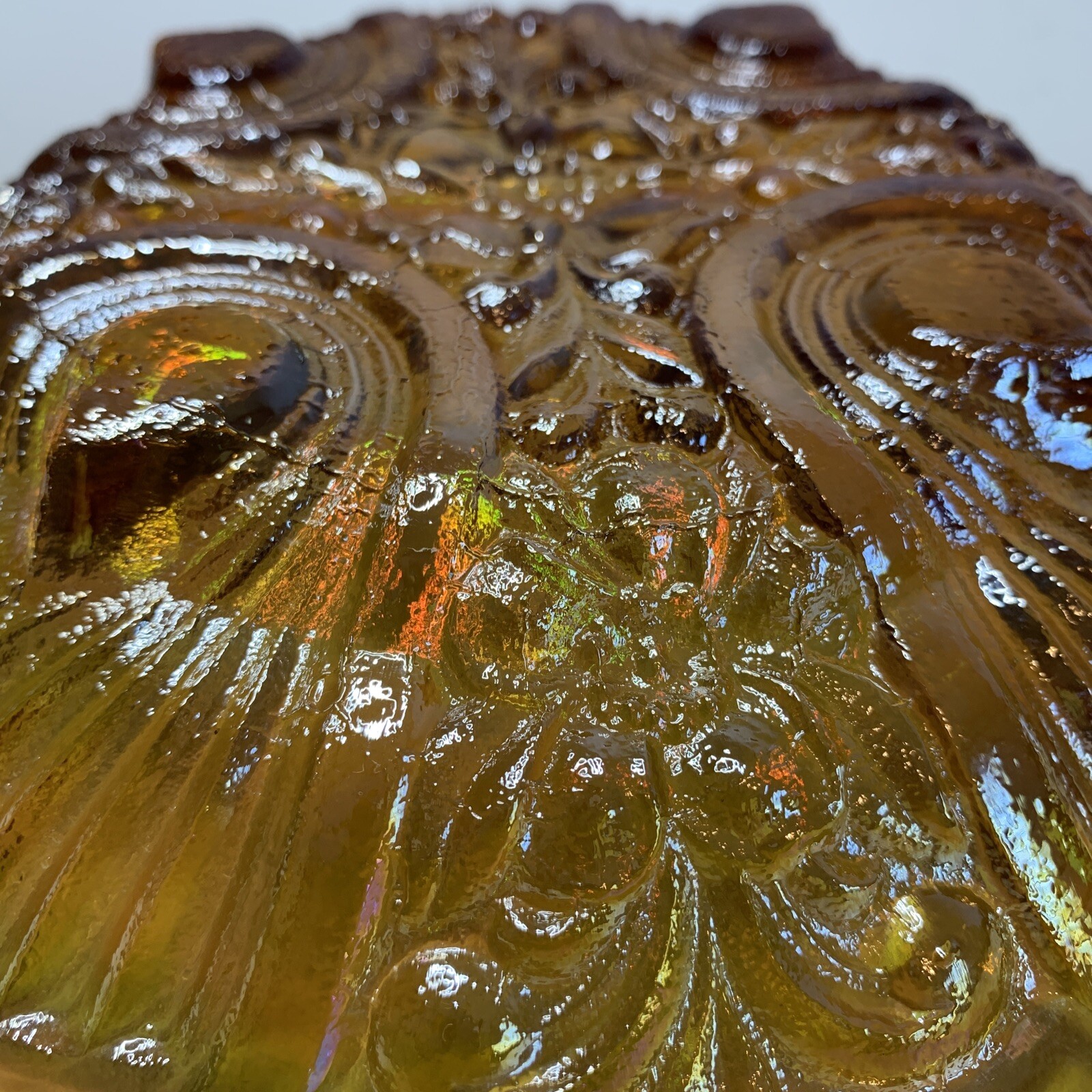 Vintage Indiana Carnival Glass Candy Dish 7.5″ Amber Iridescent Divided