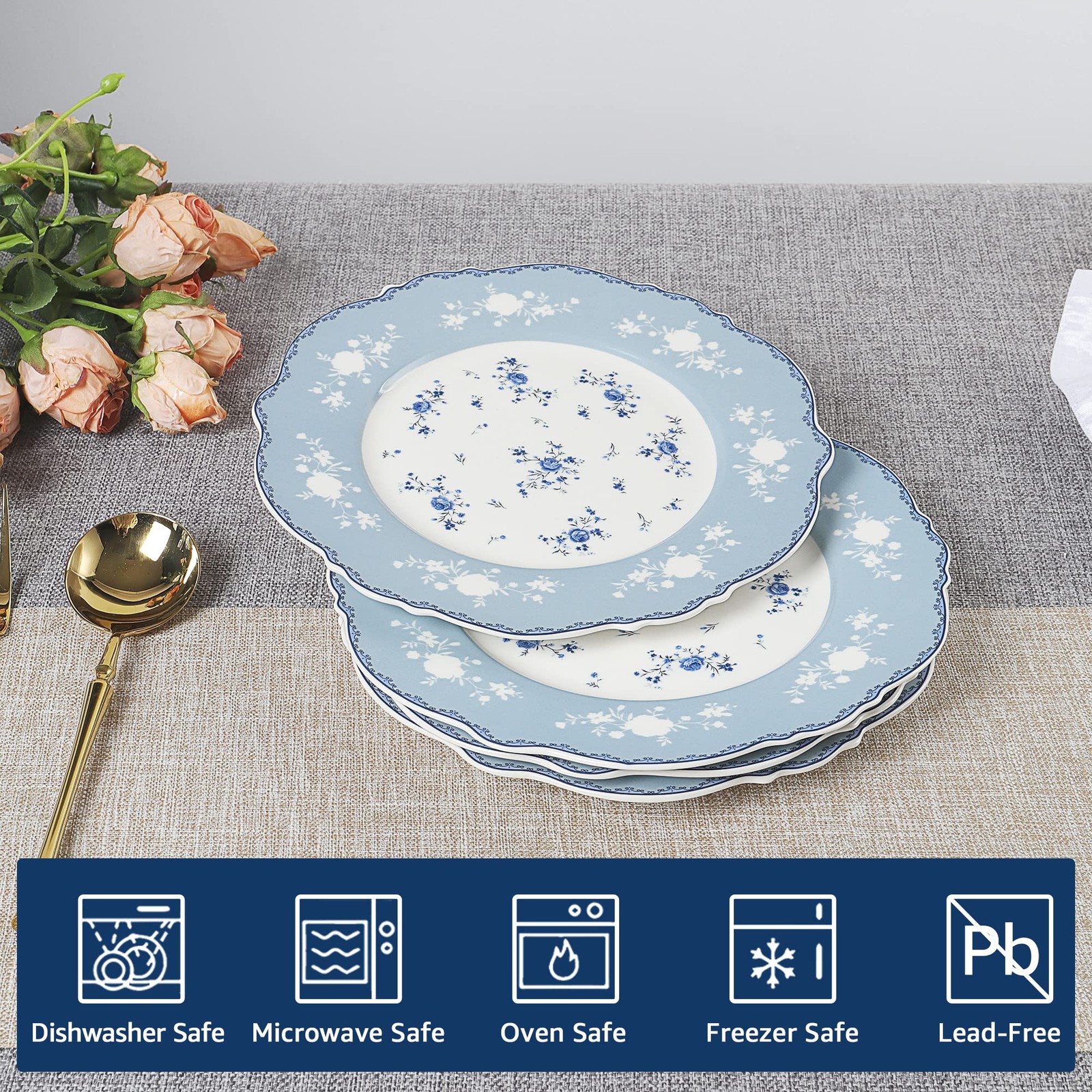 fanquare 8 Inch Porcelain Dessert Plates Set of 4, 8.2″ plate, Blue