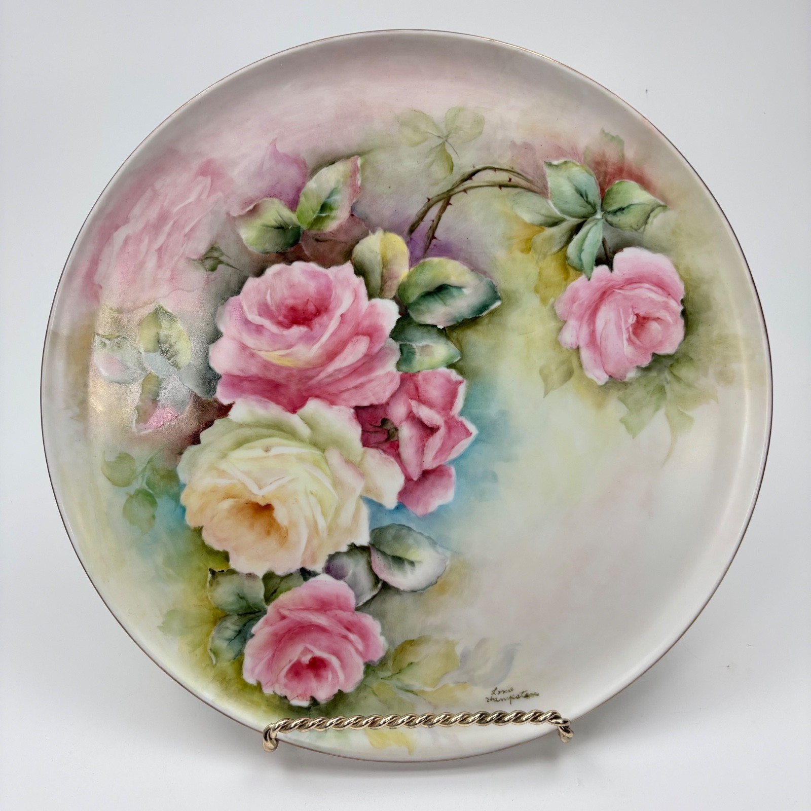 Vintage Tirschenreuth Germany Porcelain Roses Gold Rim Charger Plate 13.5″