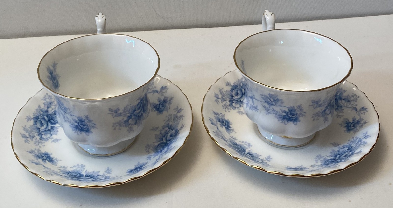 Two (2) Vintage Royal Albert Windsor Rose Blue Footed Cup & Saucer Sets
