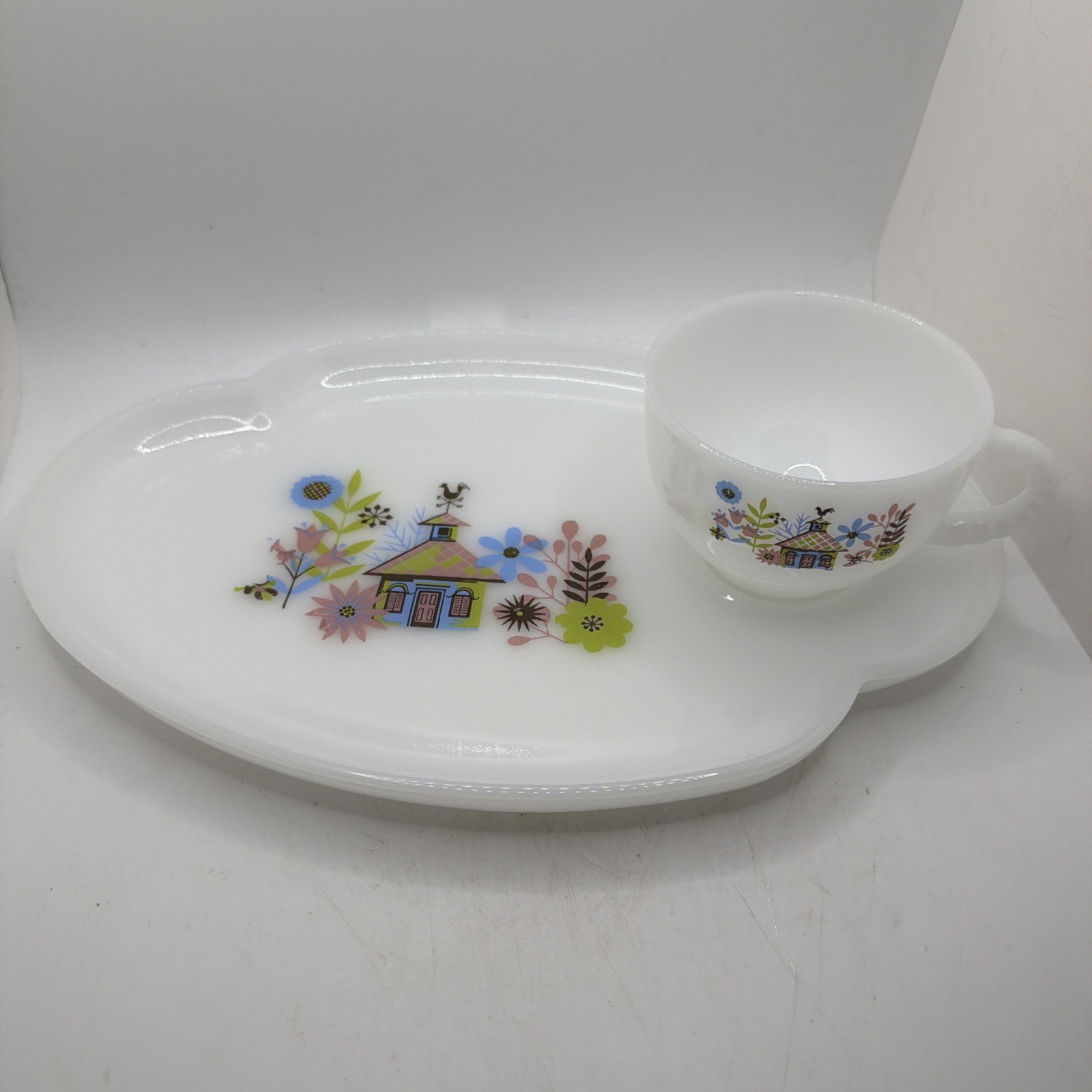 1950’s Federal Glass Company Milk Glass Chalet Snack Set Plate & Cup Vintage