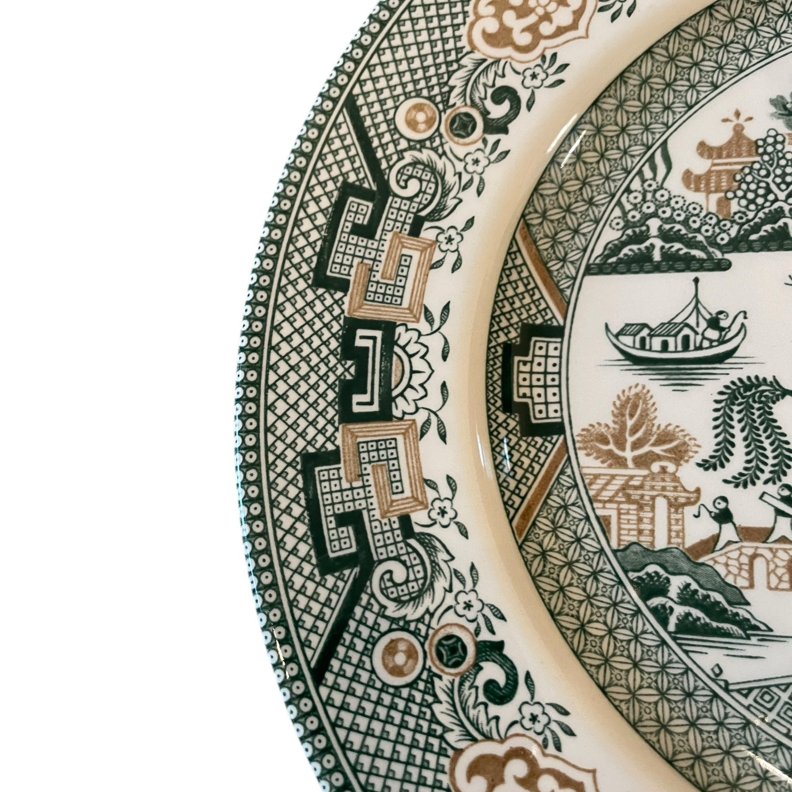 Royal Stafford Dinner Plates 11in Green & Gold Willow Pagoda Set of 4 New