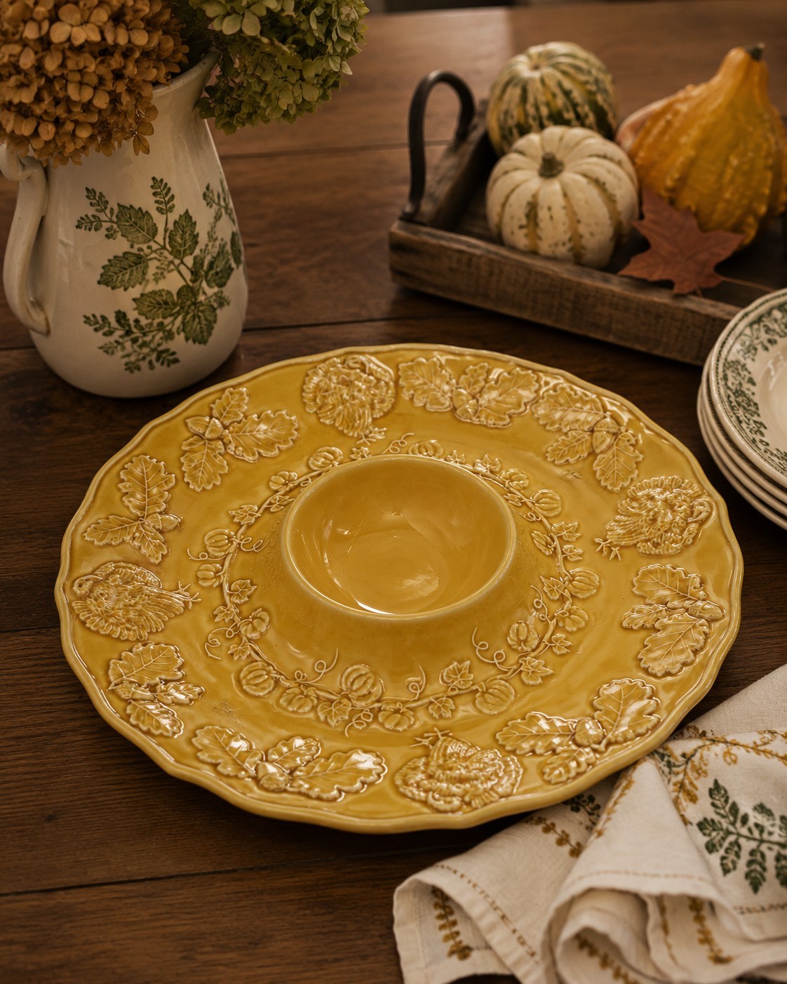 Bordallo Pinheiro Portugal Turkey Majolica Yellow Ceramic Round Platter 12″