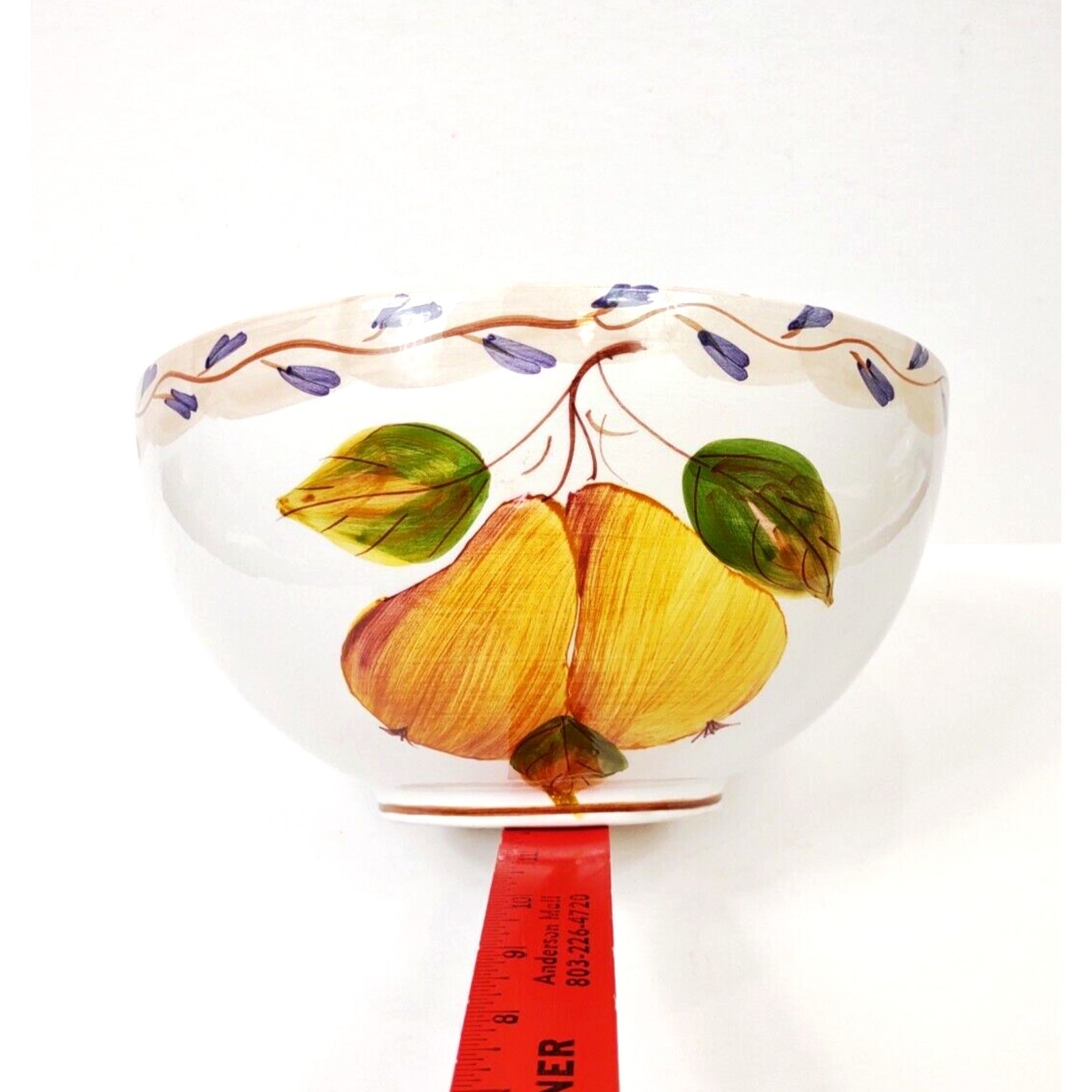 Large Hand Painted Pears Vines Tuscan 9 in Round Serving Bowl Salad Vegetable