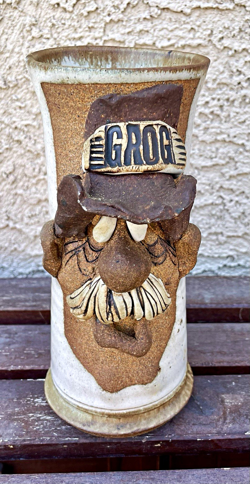 Stoneware Figural Face “GROG” Hat Mug Stein, Signed, Decorated Handle signed