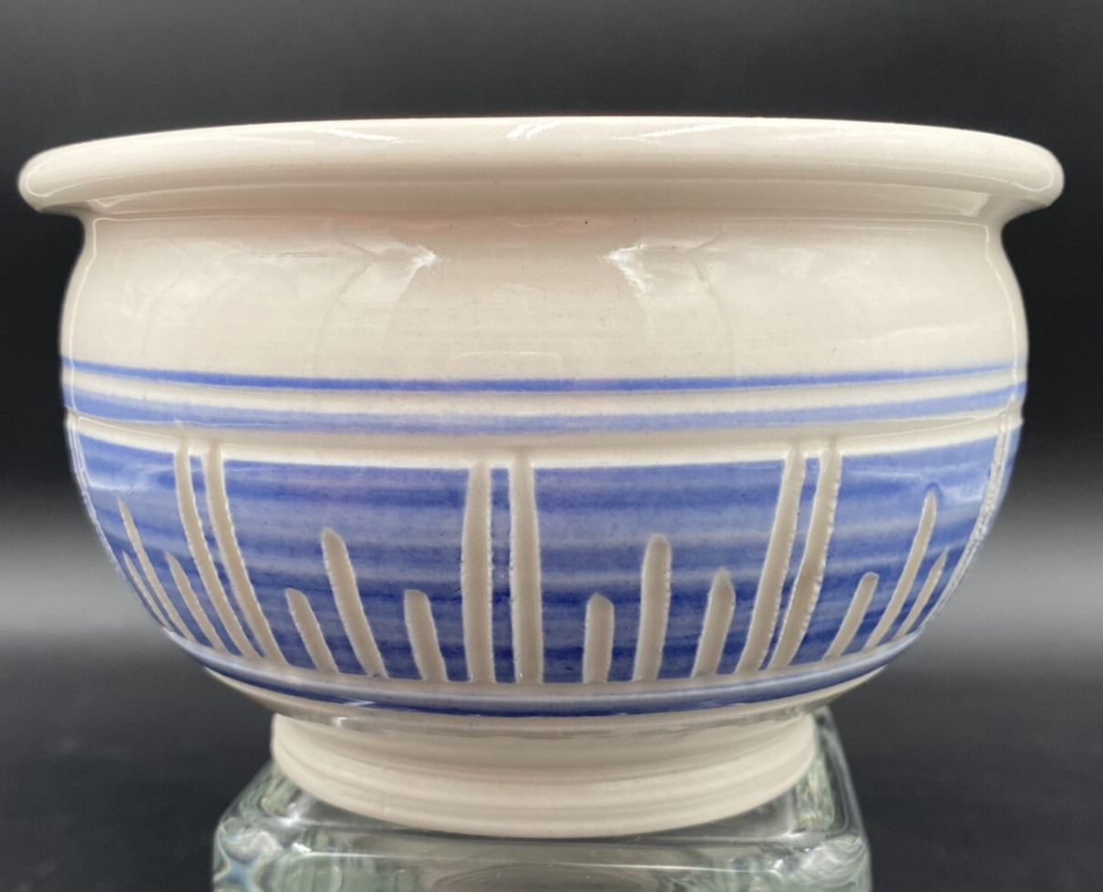 Alice Boysen Handmade Stoneware Footed Bowl, Vertical Bands on Blue, Signed