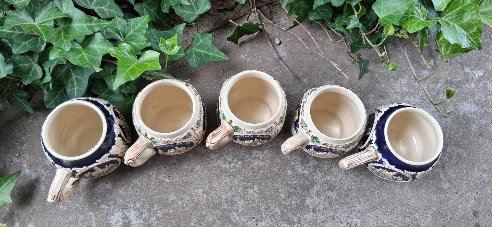 5 German Stoneware Mugs By Marzi & Remy “2835” 2 Cobalt Blue & 3 Cream Mugs