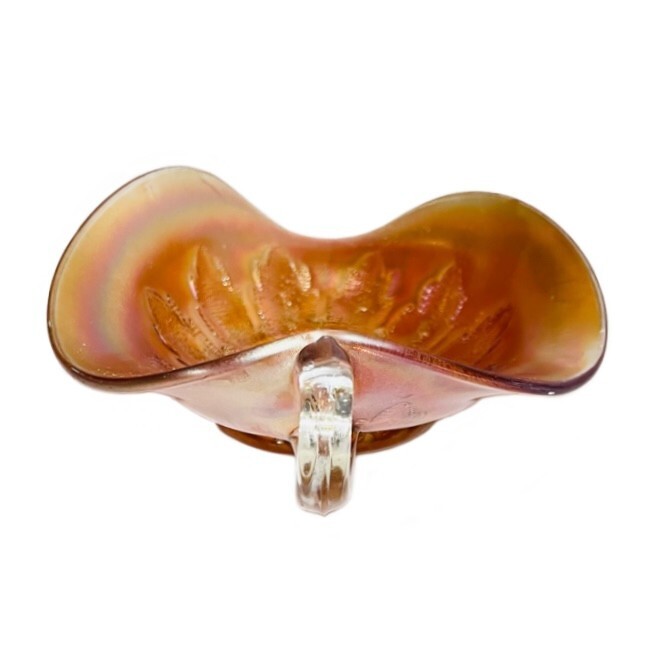 Vtg Candy/Vanity Dish Marigold Depression Leaf Floral Iridescent 5″W x 7″L x 2″H