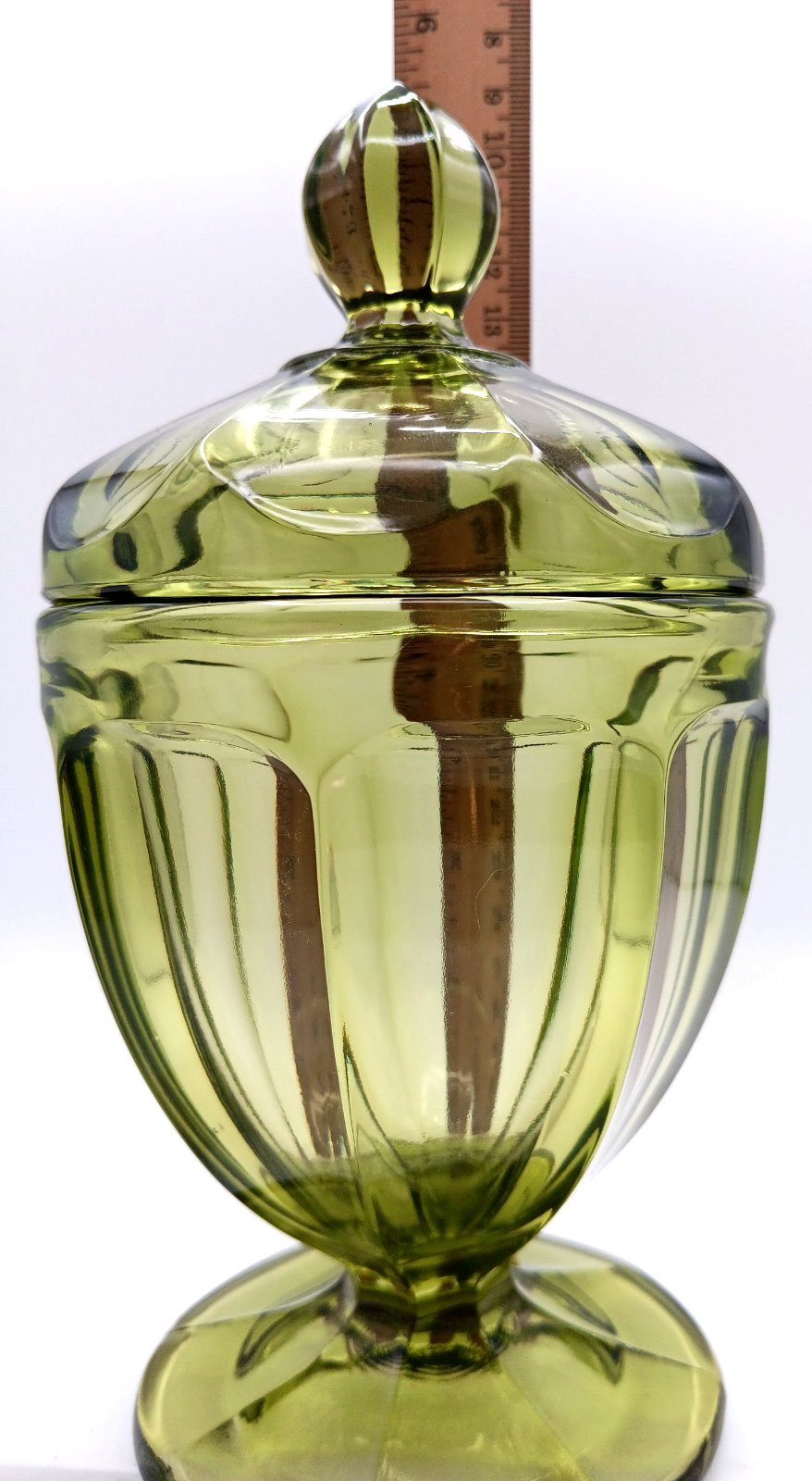 L E Smith? 7.8″ Paneled Olive Green Compote Candy Dish & Matching Lid w/Finial