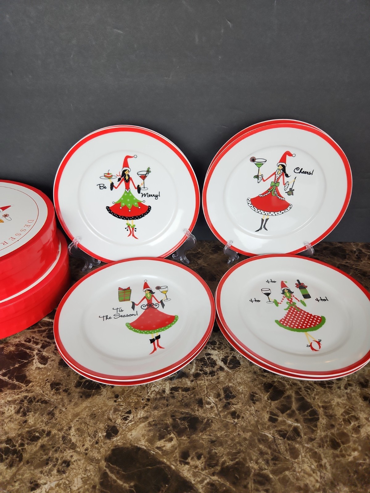 Set Of 8 Christmas Dessert Plates At Home Tis The Season 8″ Holiday Cocktails