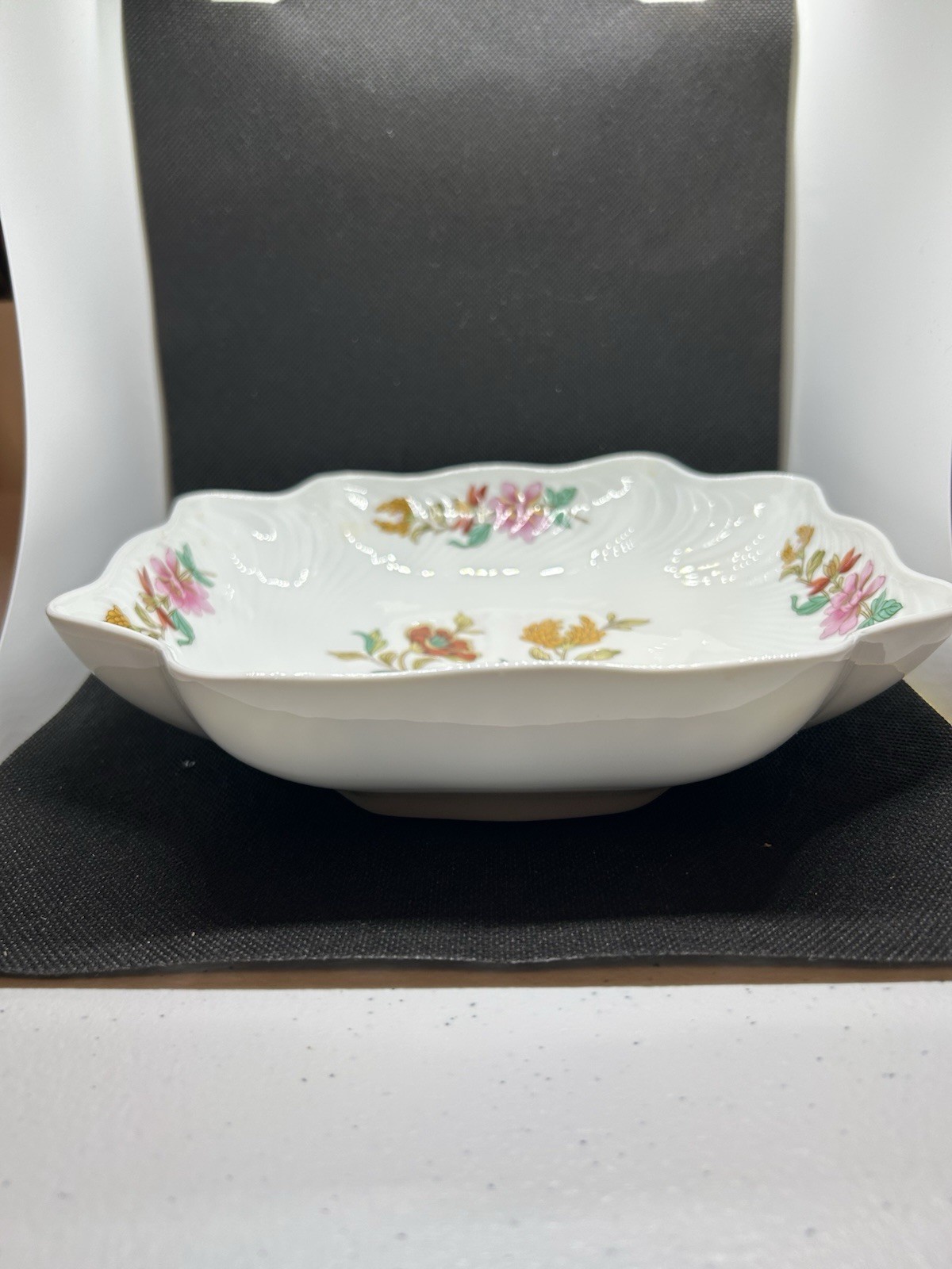 Limoges France Floral Porcelain Square Bowl White Pink Green Gold Glossy
