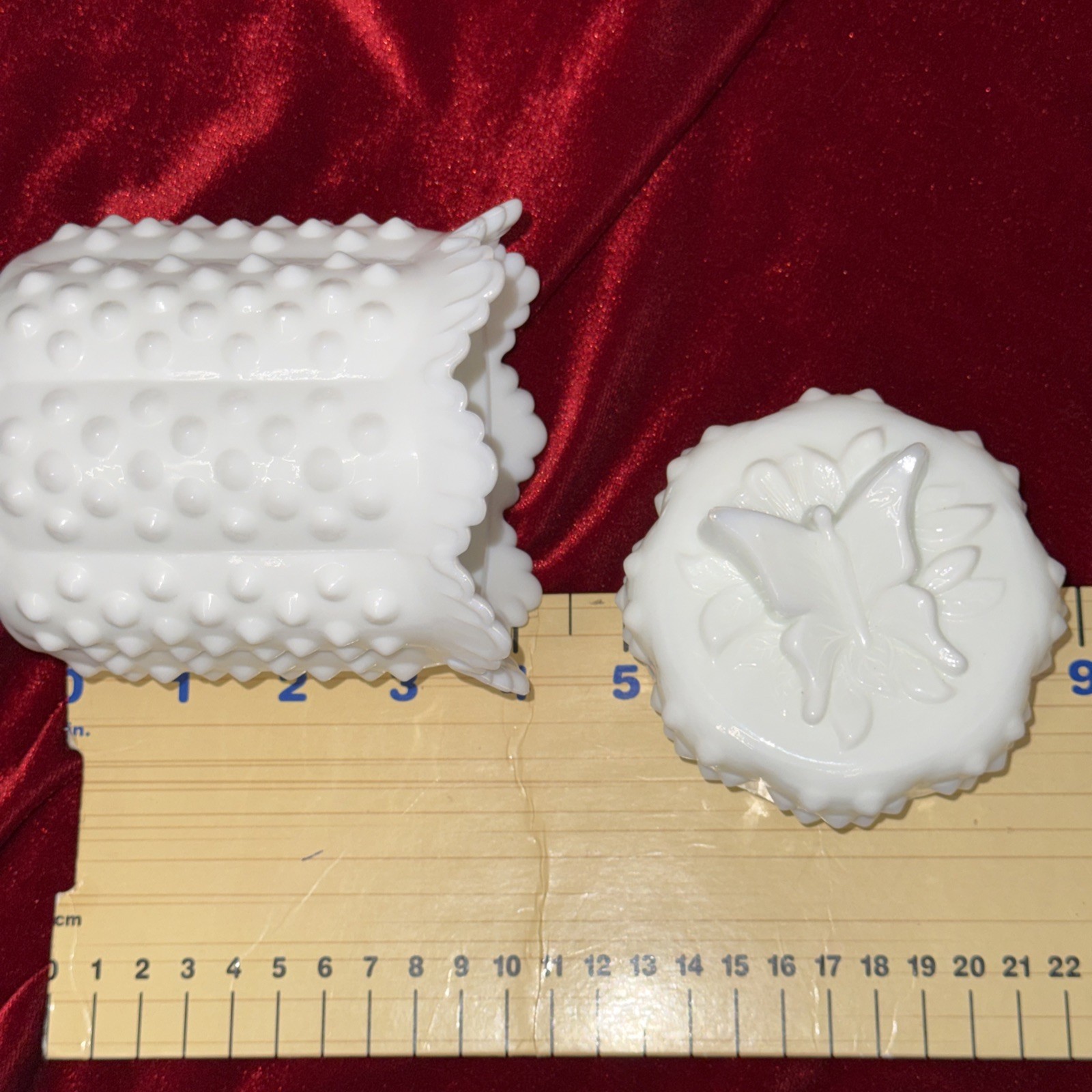 Vintage 6” Fenton 1970s Milk Glass Hobnail Jar Butterfly Lid Scalloped Edge