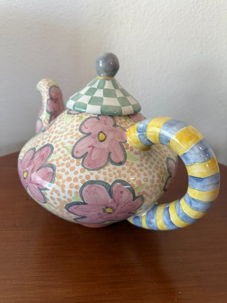 Mackenzie Childs Ceramic Taylor Myrtle Teapot Floral Pot + Gingham Lid Retired