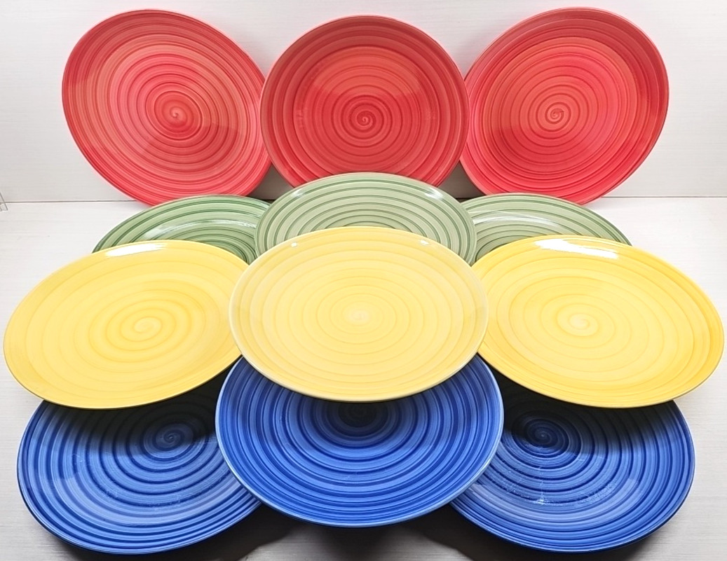 12 Pc Tabletops Unlimited Swirl Green Yellow Red Blue Dinner Plates Lot Dish Set
