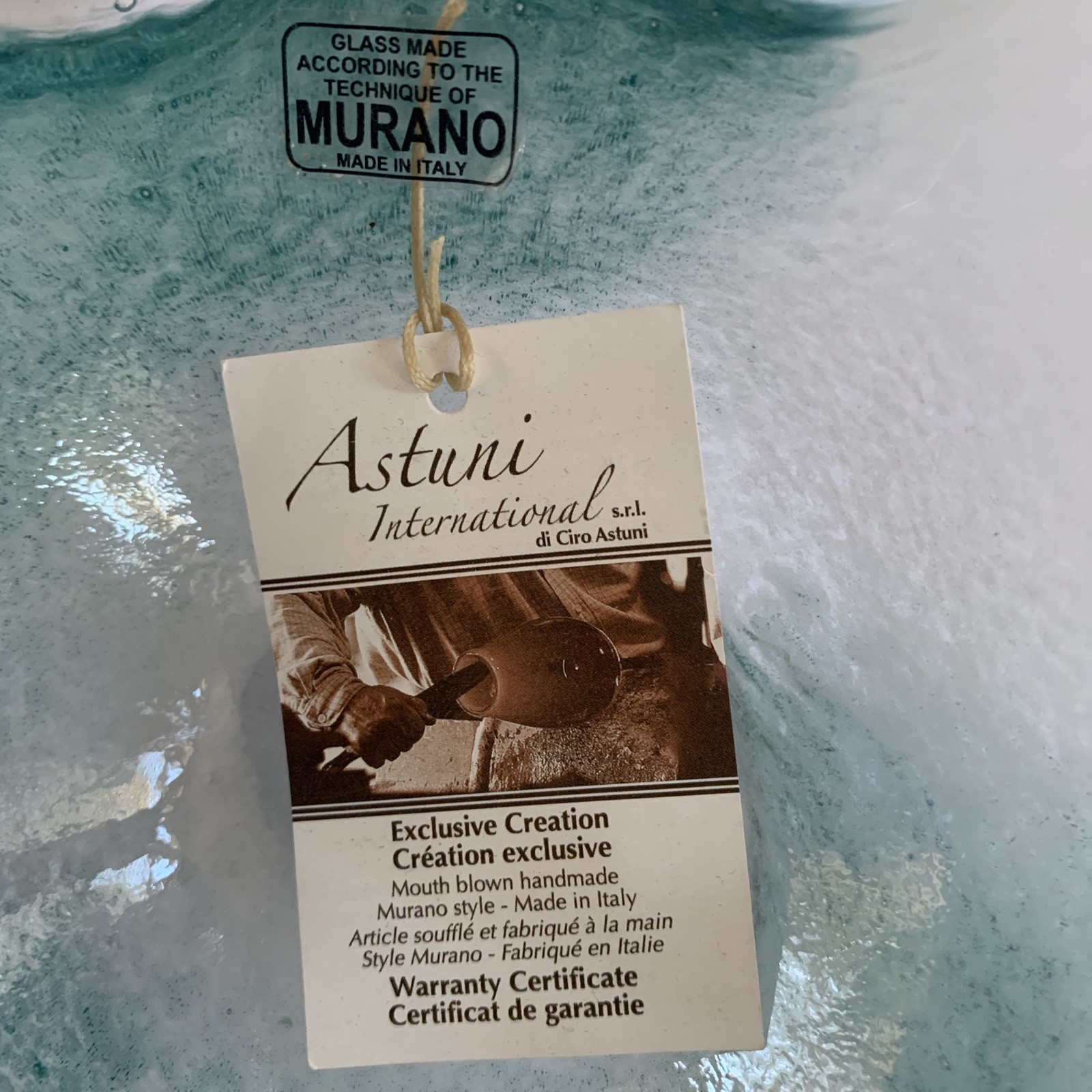 Murano Style Art Glass Mouth Blown Bowl Teal Aqua Blue White Exquisite All Tags