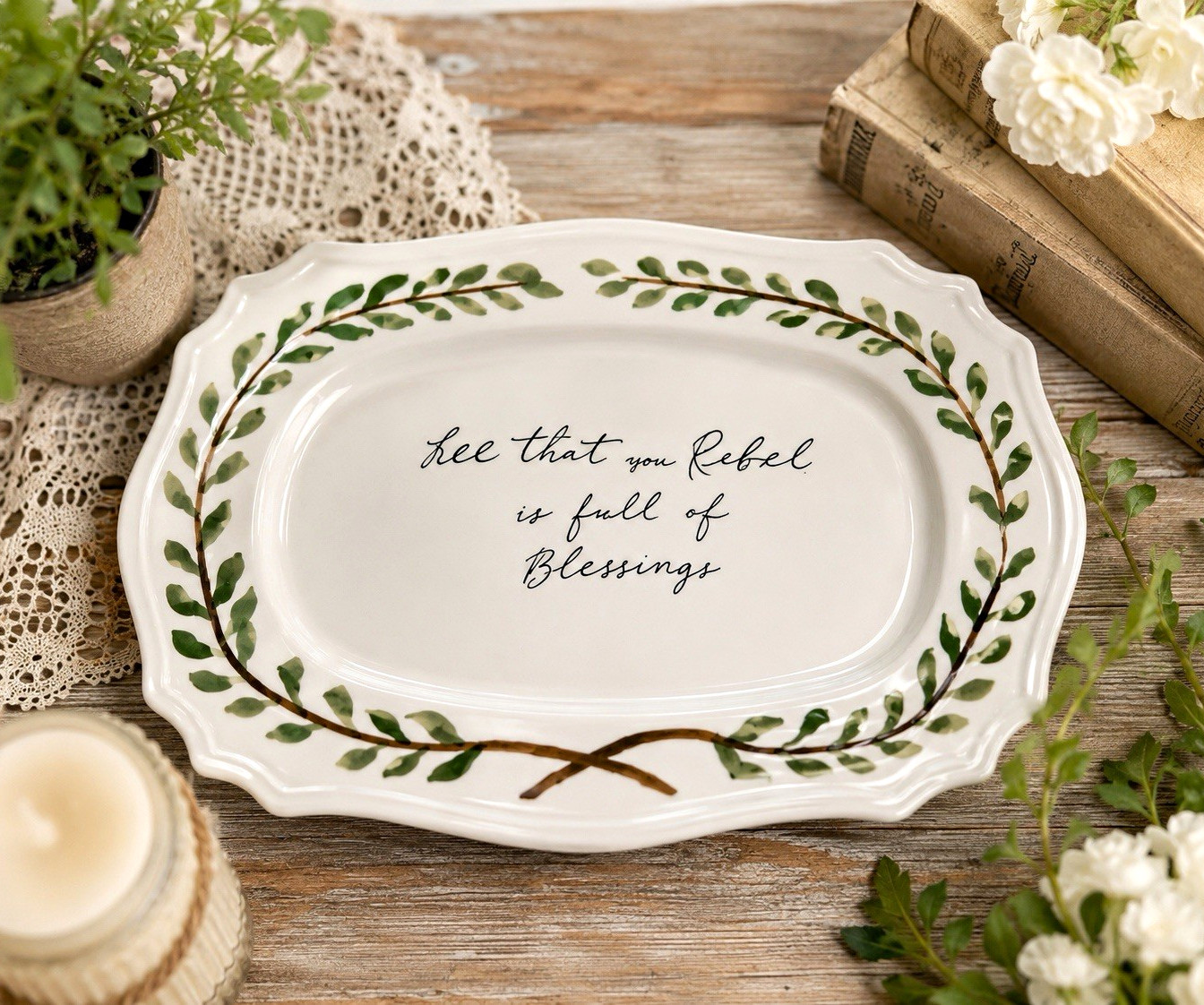 Mud Pie Ceramic Platter Botanical Leaf Border Glossy Decorative 12 in