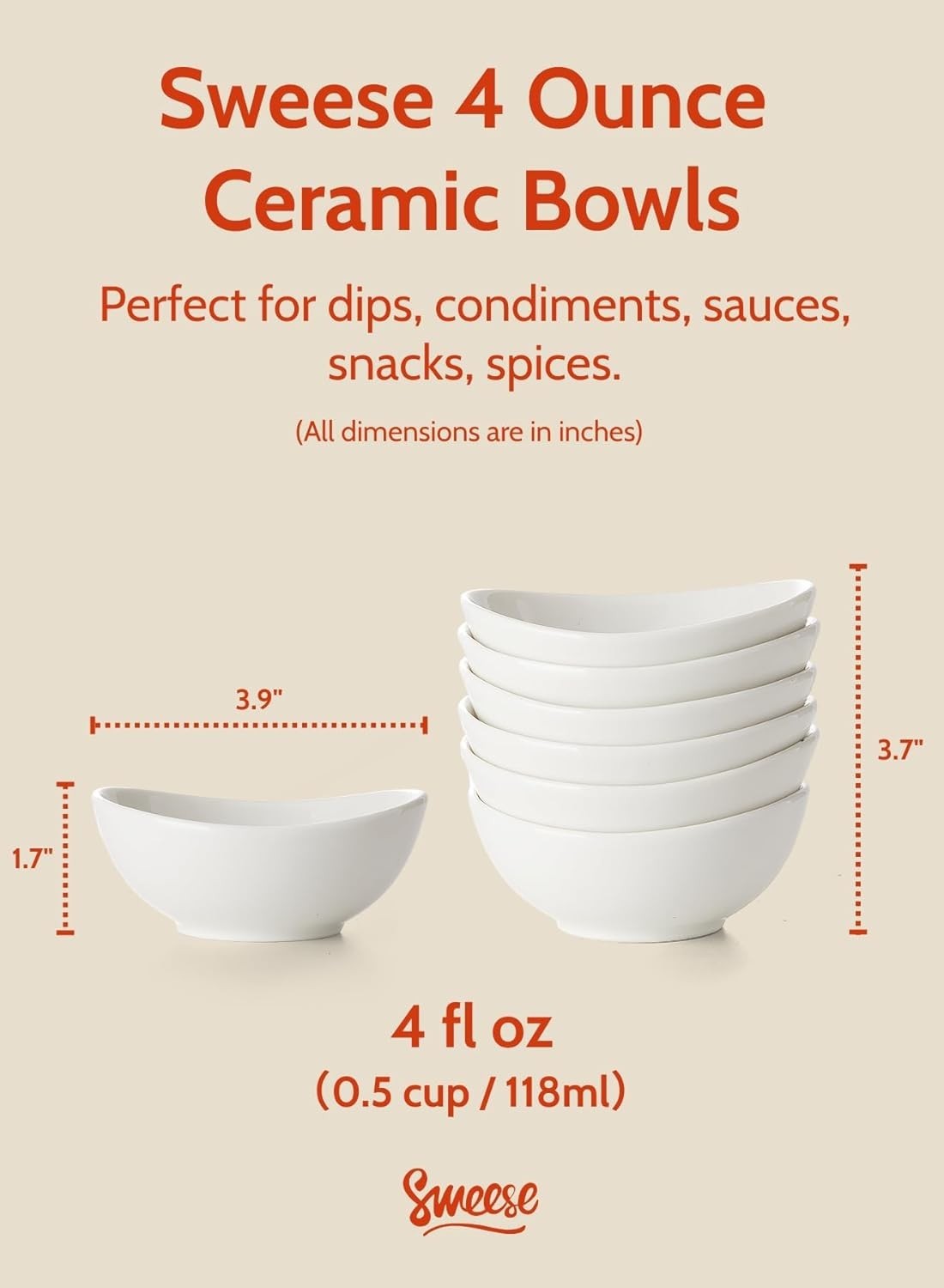 Sophisticated 4 oz White Porcelain Dipping Bowls – Set of 6 for Elegant Dining
