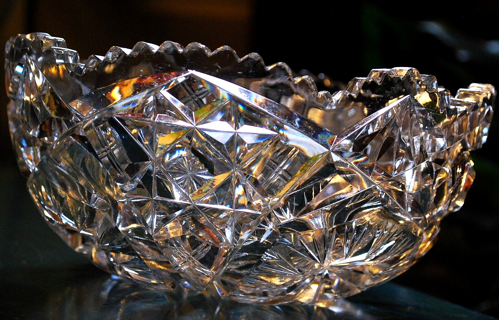 EARLY Antique ABP American Brilliant Period STAR/Xs Hand Cut CRYSTAL BOWL Heavy
