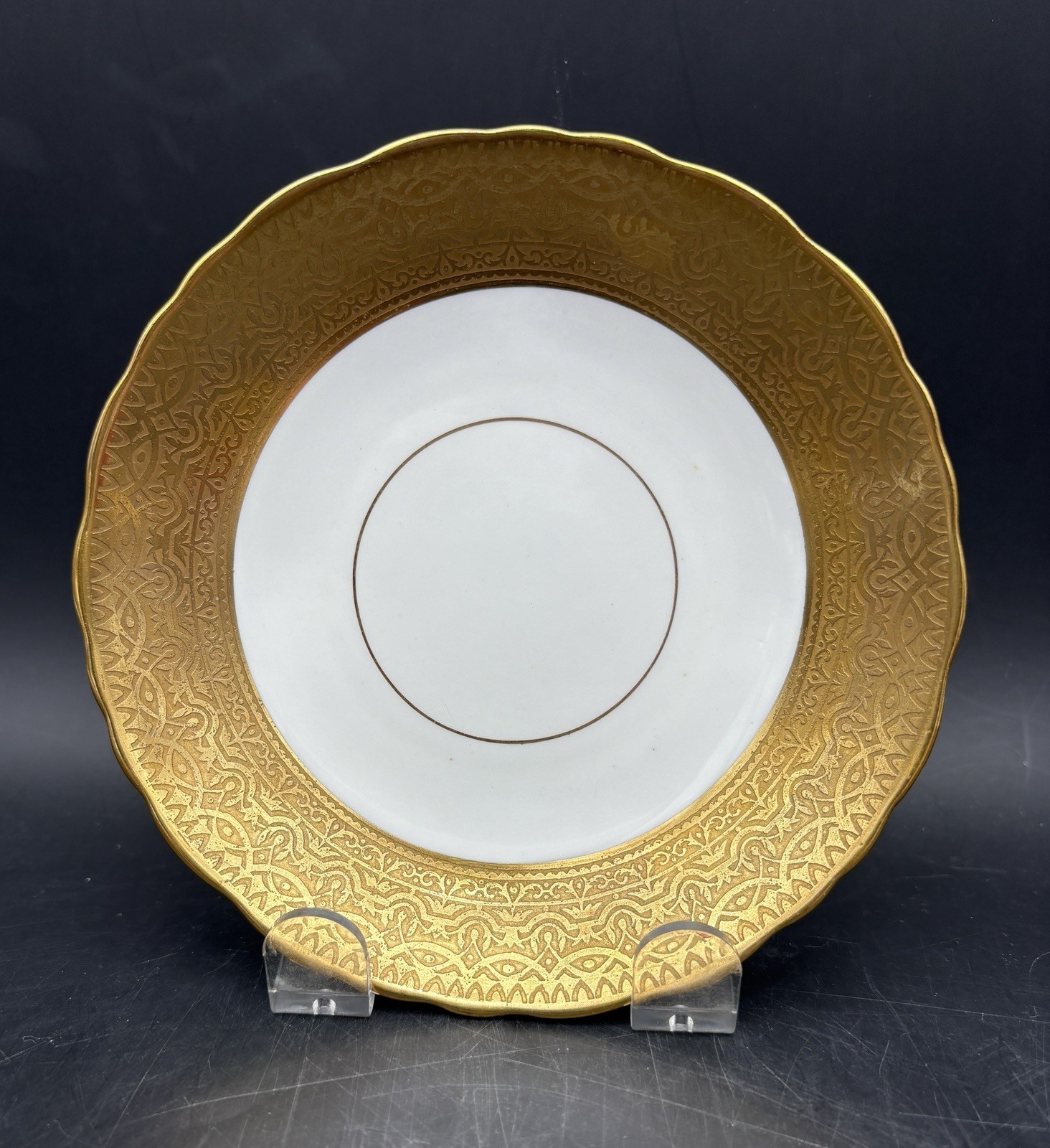 2 Heavy Gold Crown Sutherland Cups & Saucers Imported for C. Reizenstein & Sons