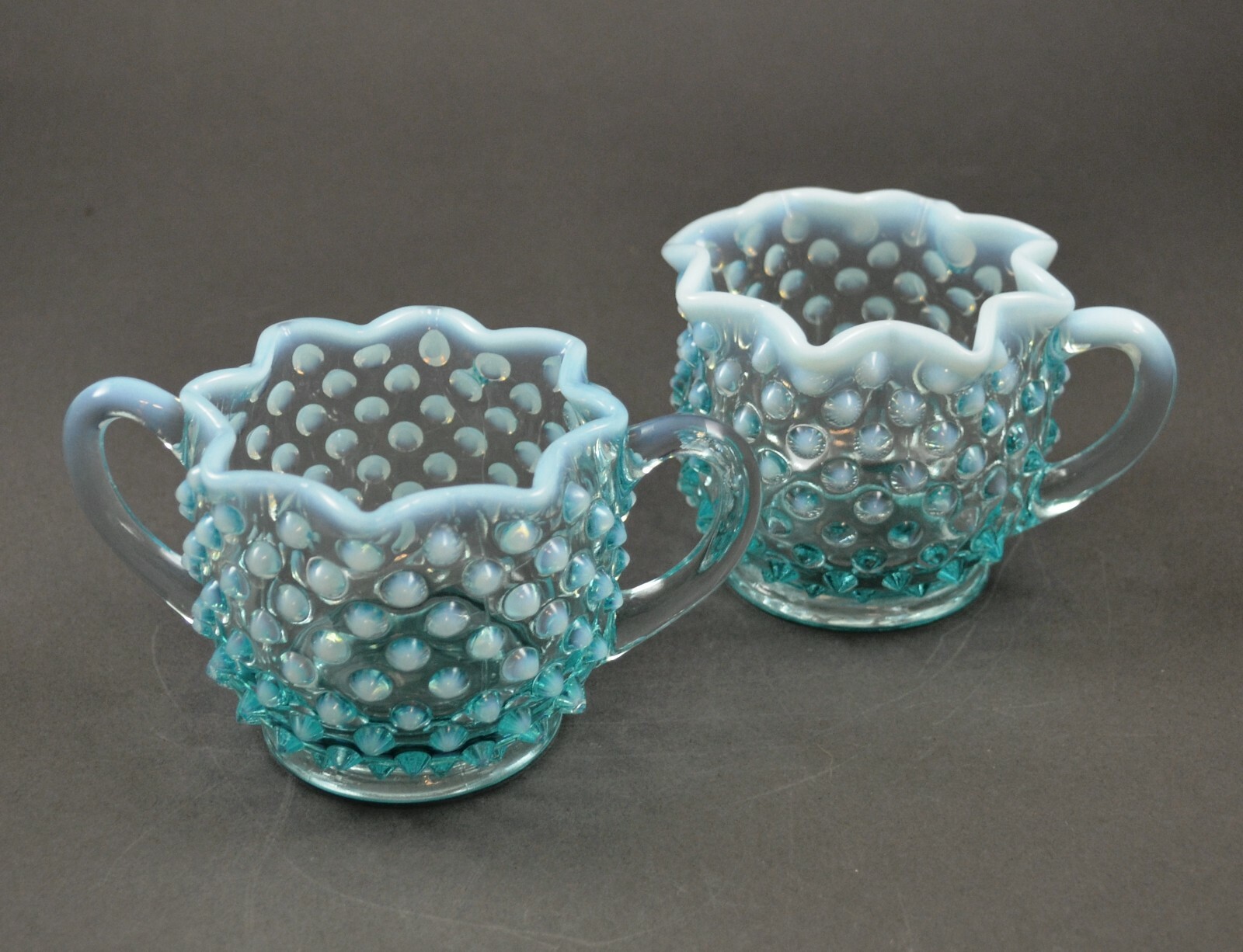 Fenton Hobnail Blue Opalescent Star Vintage Glass Creamer and Sugar