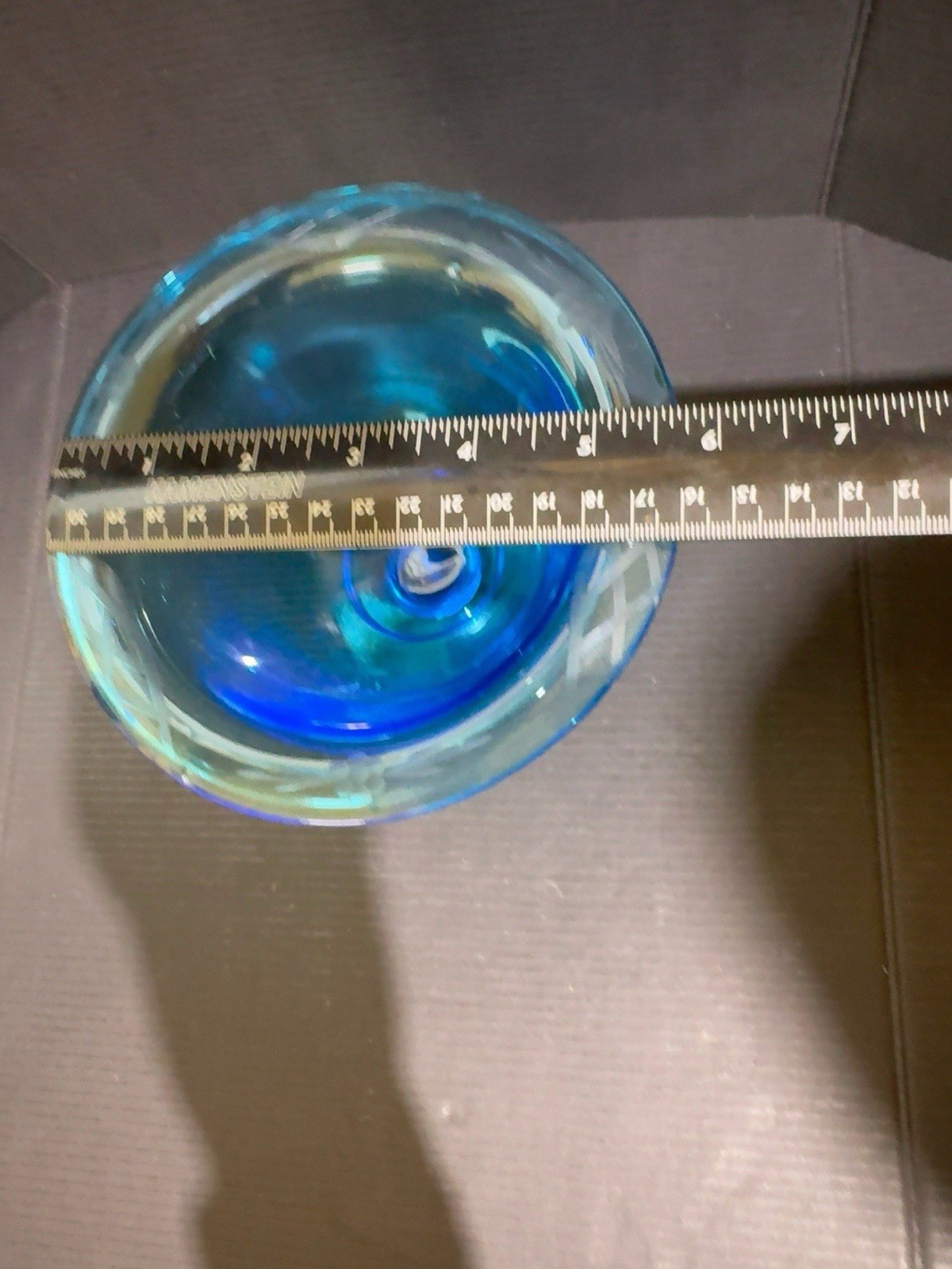 Hand Blown Cobalt Blue Art Glass Pedestal Compote Bowl Etched Iridescent Rim 6”