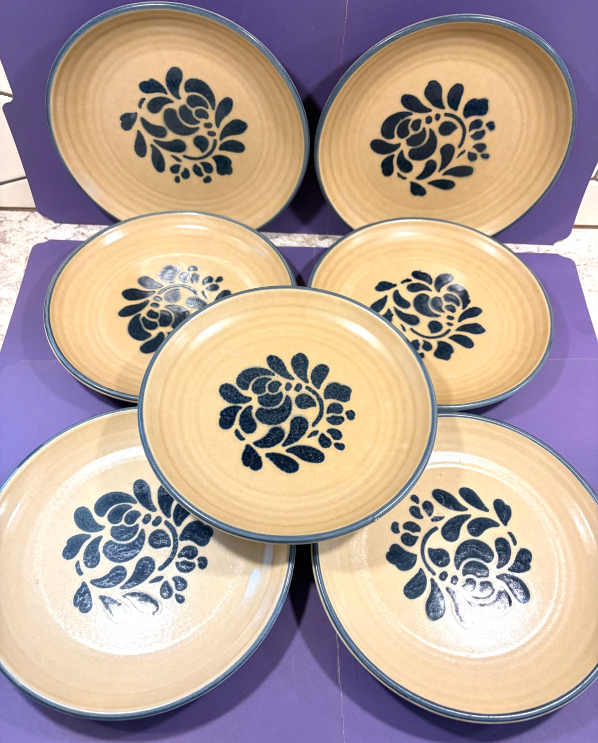 Pfaltzgraff FOLK ART Set of 7 Salad Plates Stoneware USA ~ Incised Castle Mark