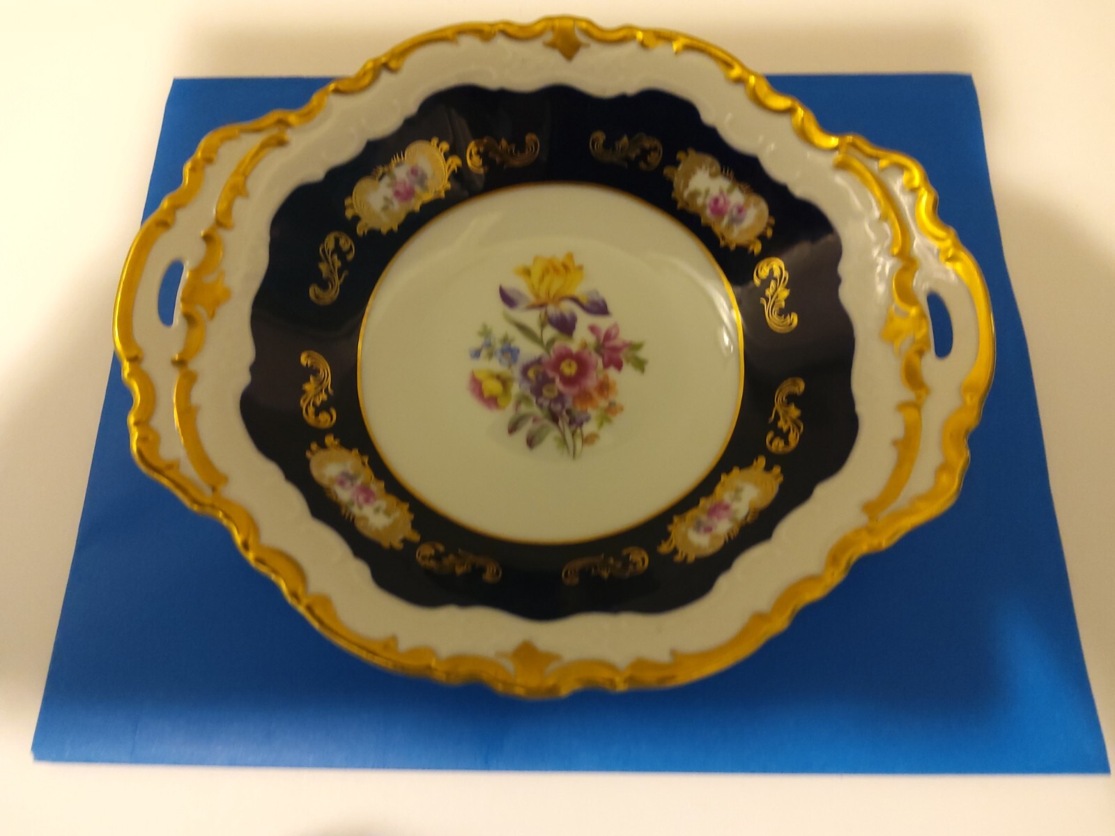 Vintage Fine China Serving Bowl , Cobalt Blue Mid Century Germany , Signed
