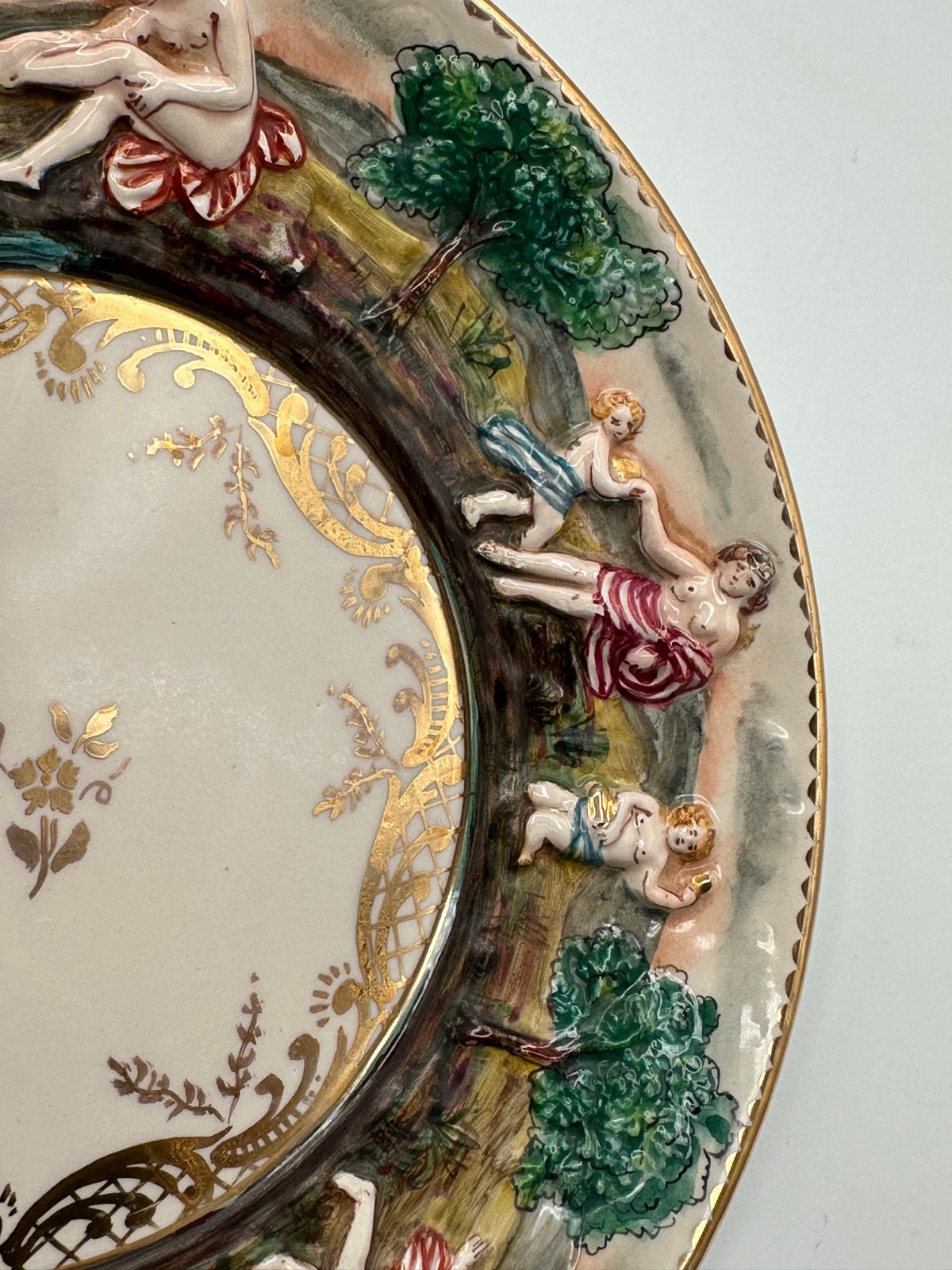 Pair Vintage Italian Capodimonte 7.5” Hand Painted Figural Relief Plates