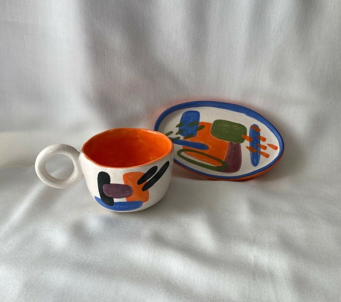 Vintage Handmade Pottery Mug Cup Hand Painted Art Design Stoneware Ceramic
