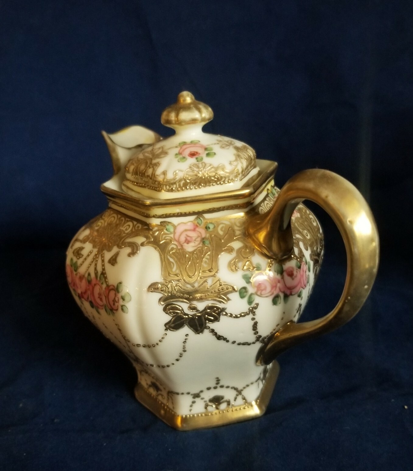 Nippon Hand Painted Pink Rose Gold Beaded & Scrollwork Pitcher C. 1891 – 1911