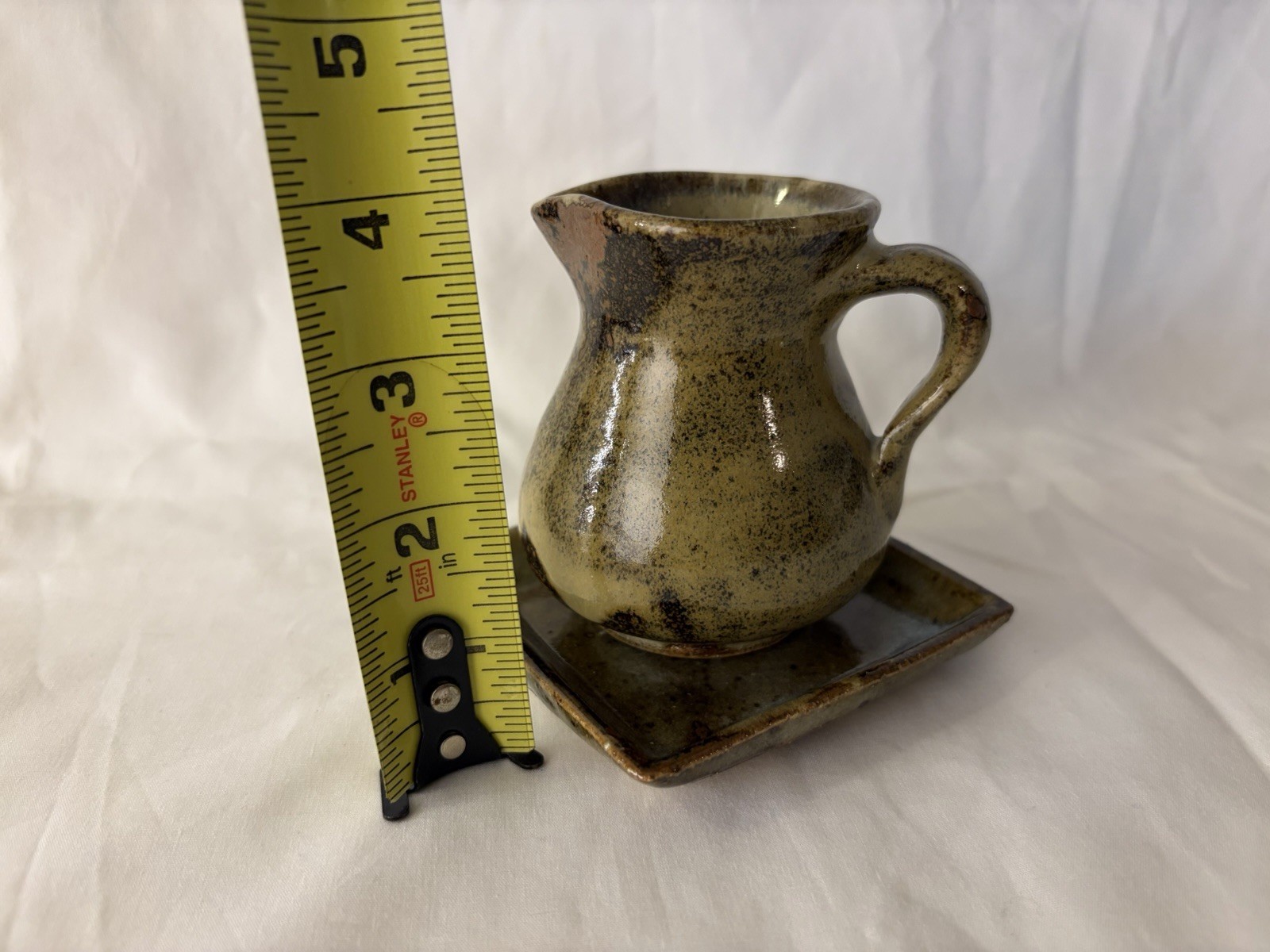 Small Vintage Pottery Creamer Pitcher & Saucer Green & Brown Set