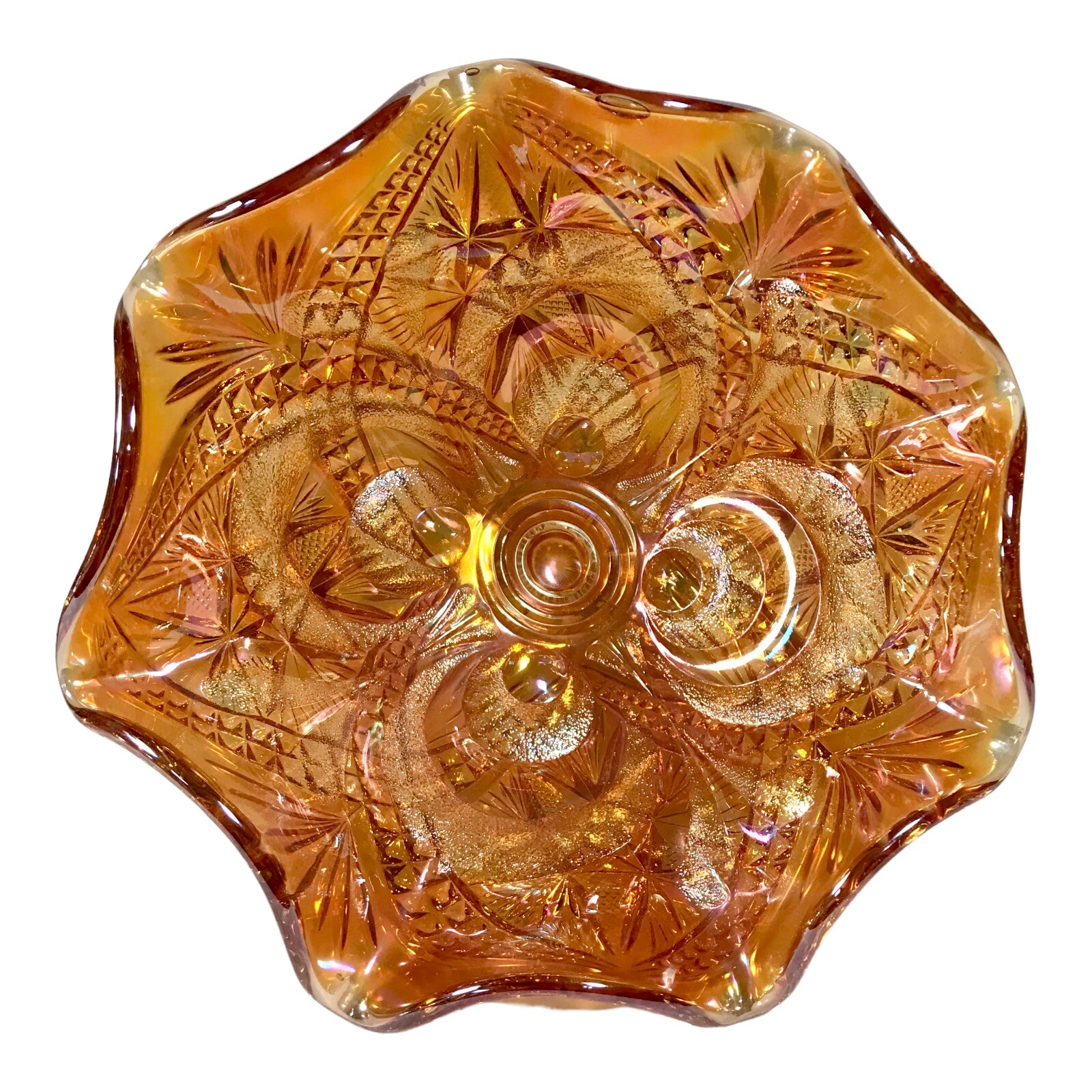 Imperial Carnival Glass Compote Bowl Marigold Scroll Eastern Star 7.5″ Footed