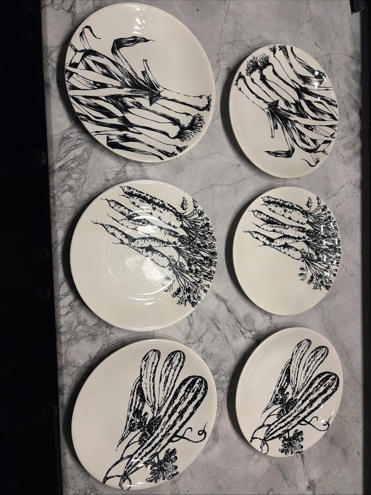 Creation Val d’Or Black & White Vegetable Botanical Plates 9.375” Diam. Set Of 6