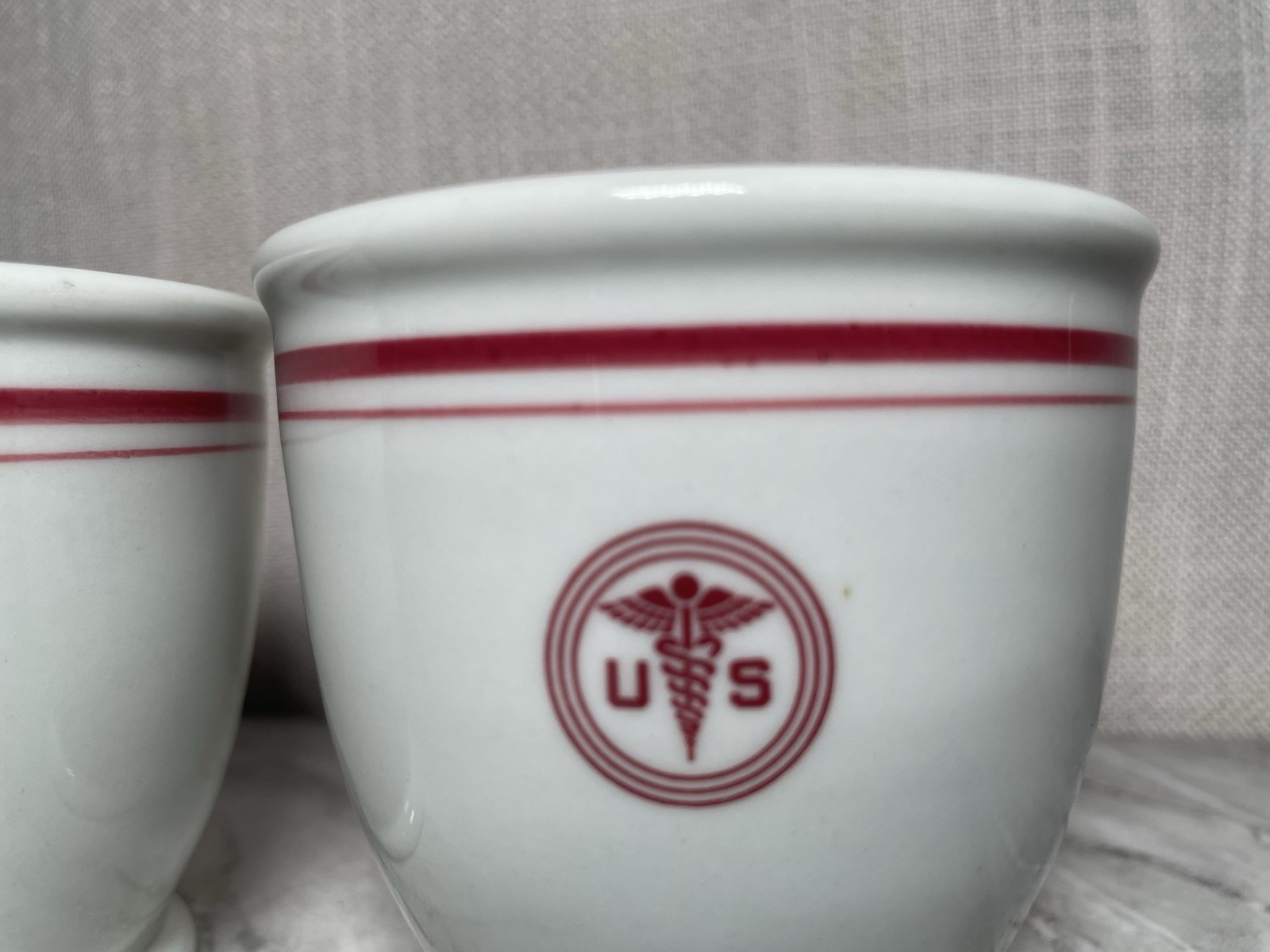 2 Vintage Shenango China medical Hospital Cups US Logo Red Stripe 3.25 X 3.25