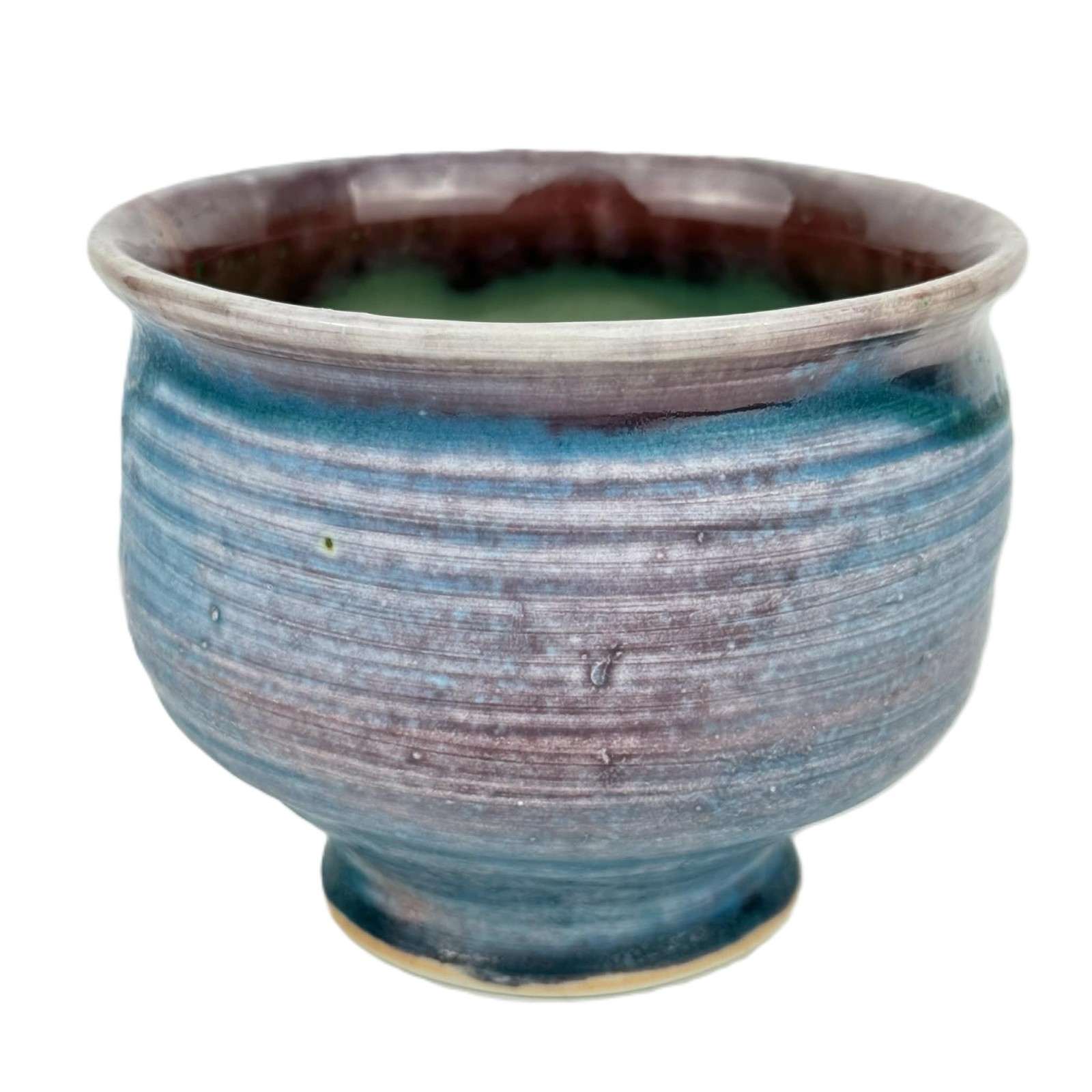 Studio Pottery Stoneware Bowl Art Decor 4.25” Artist Made Blue Violet Drip Glaze