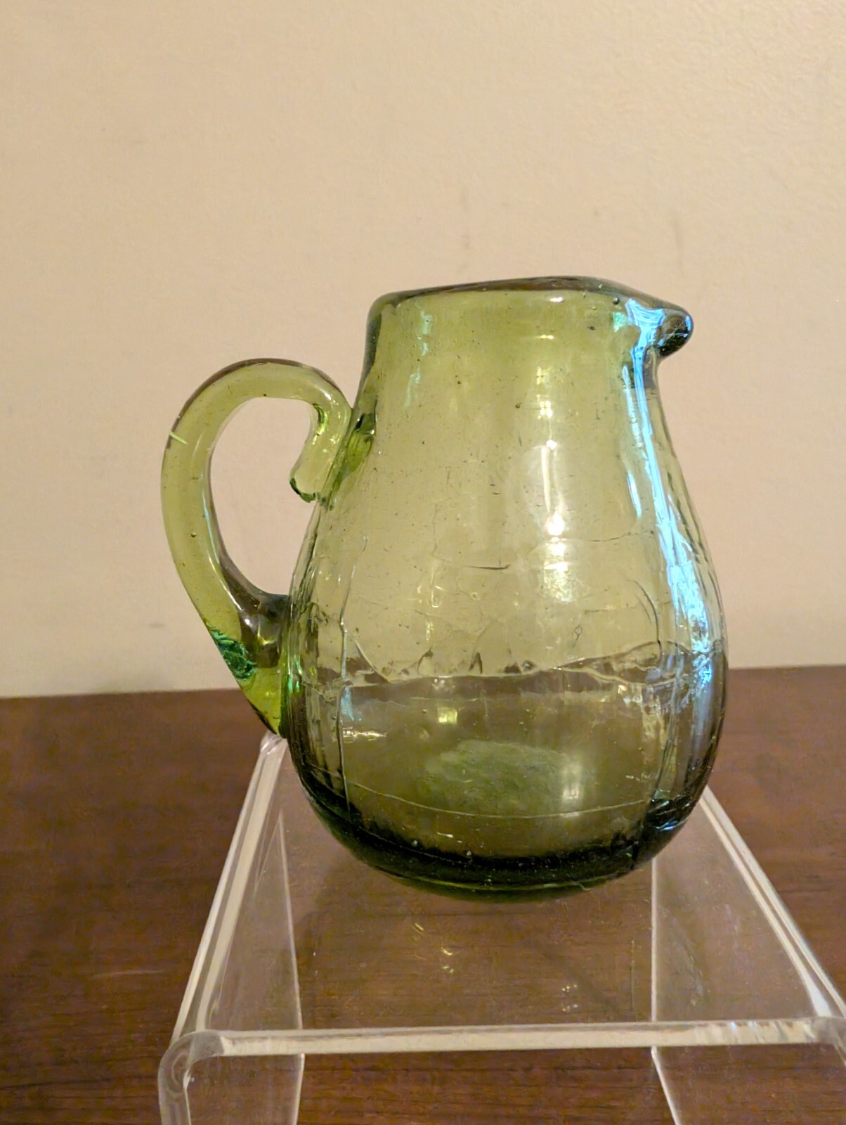 BLENKO Hand-Blown Crackle Glass Olive Green Mini Pitcher w Handle & Sharp Pontil