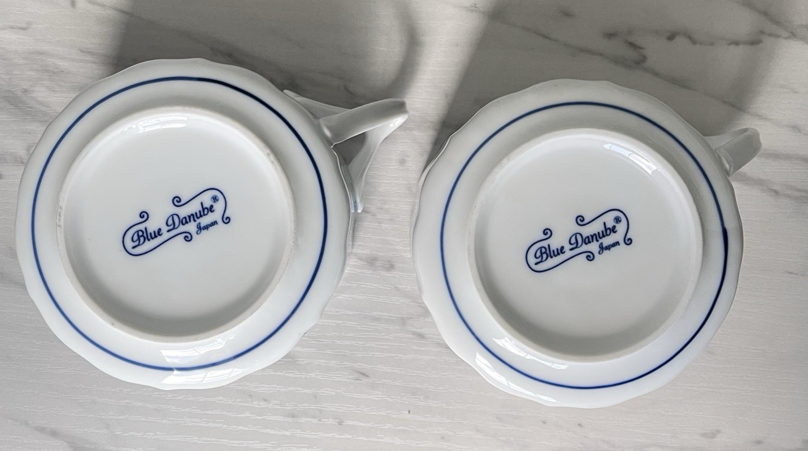 TWO 12 oz Soup Mug BLUE DANUBE Split Handle Mug Japan Banner Ribbon Mark 4 1/4″