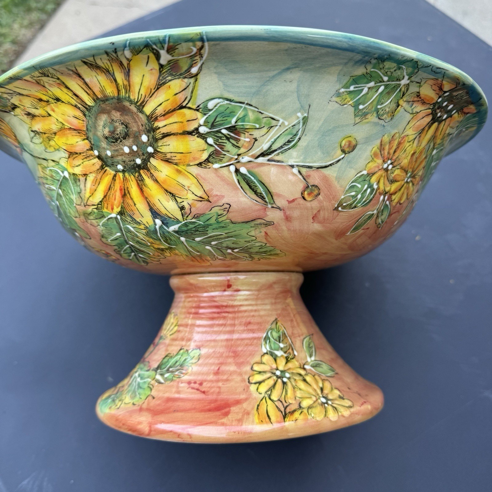 Vintage Sunflower Footed Pedestal Bowl Hand Painted Ceramic Centerpiece 12”