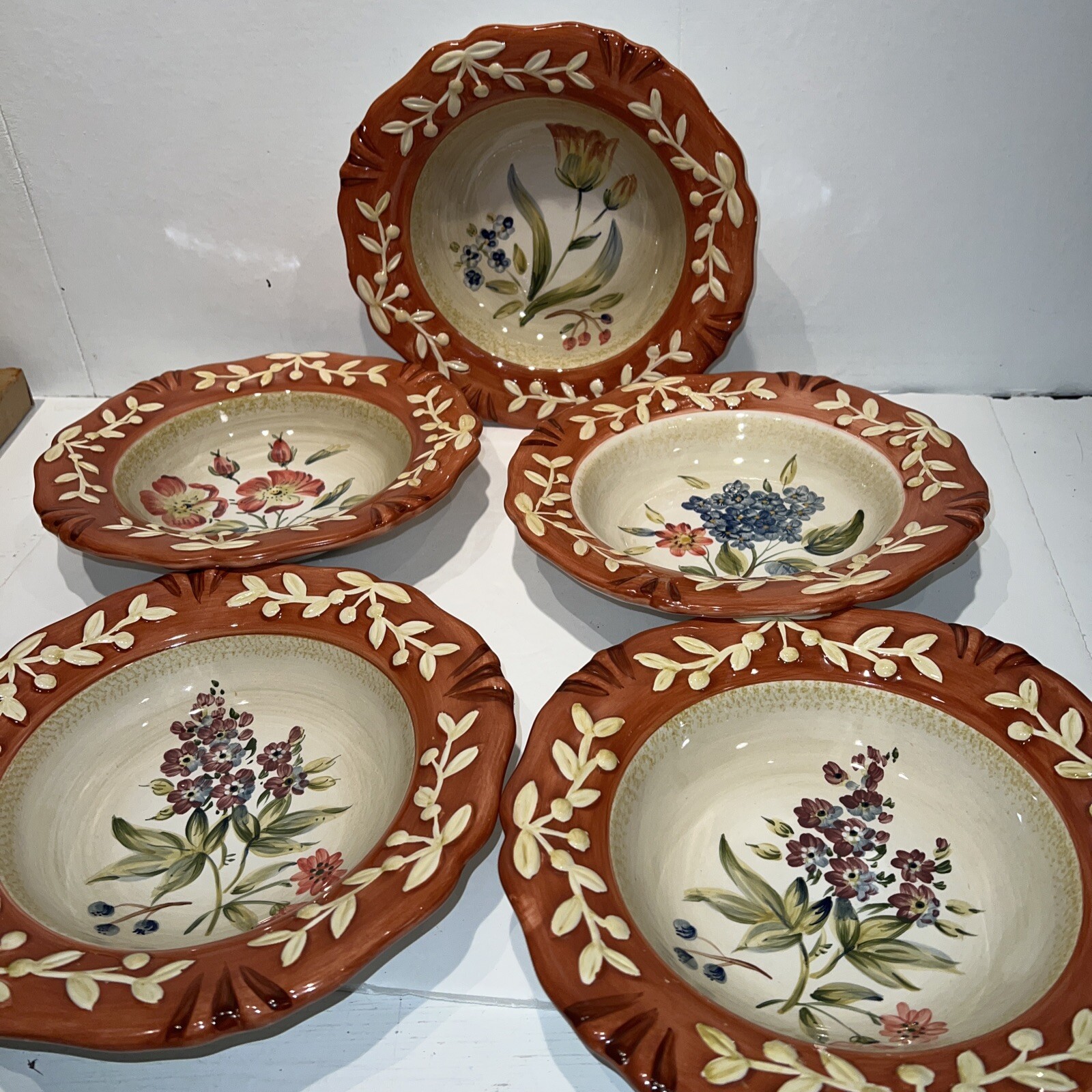 Lot 5 La Toscana by Certified Cereal Soup Serving Bowl Rust Rim Embossed Floral