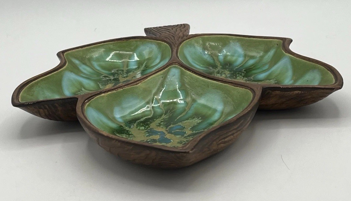 Vtg Treasure Craft Divided Section Leaf Dish Candy Trinket Green Teal Drip Glaze