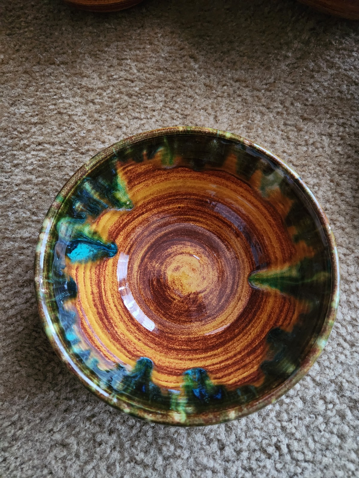 Large pottery salad bowl with 4 serving bowls, unique glaze, mid century