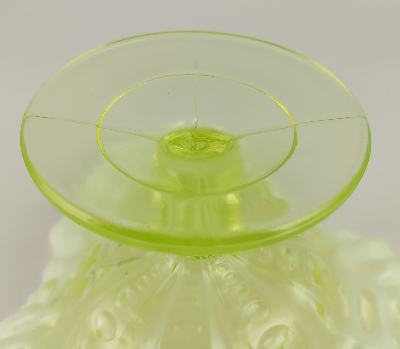 Antique Dugan Canary Opalescent Vaseline Glass Coin Spot Compote UV Glow