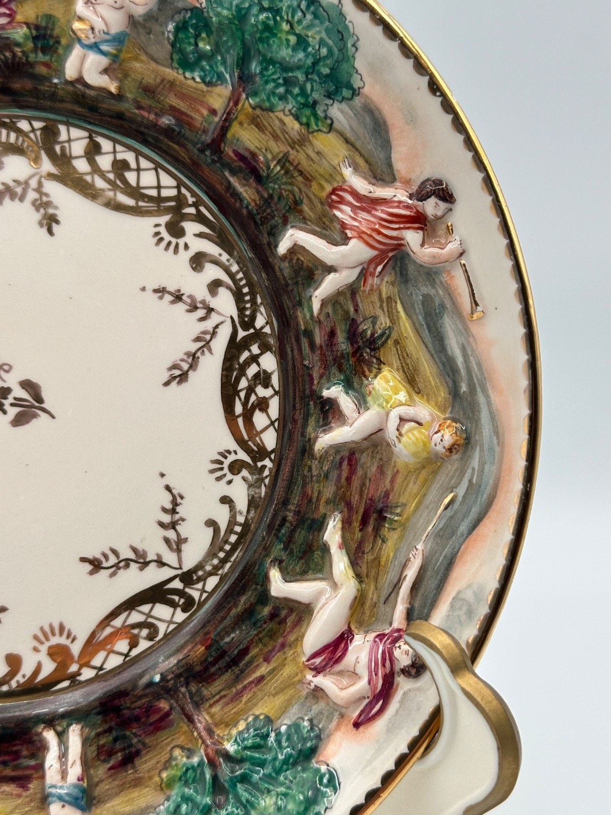 Pair Vintage Italian Capodimonte 7.5” Hand Painted Figural Relief Plates