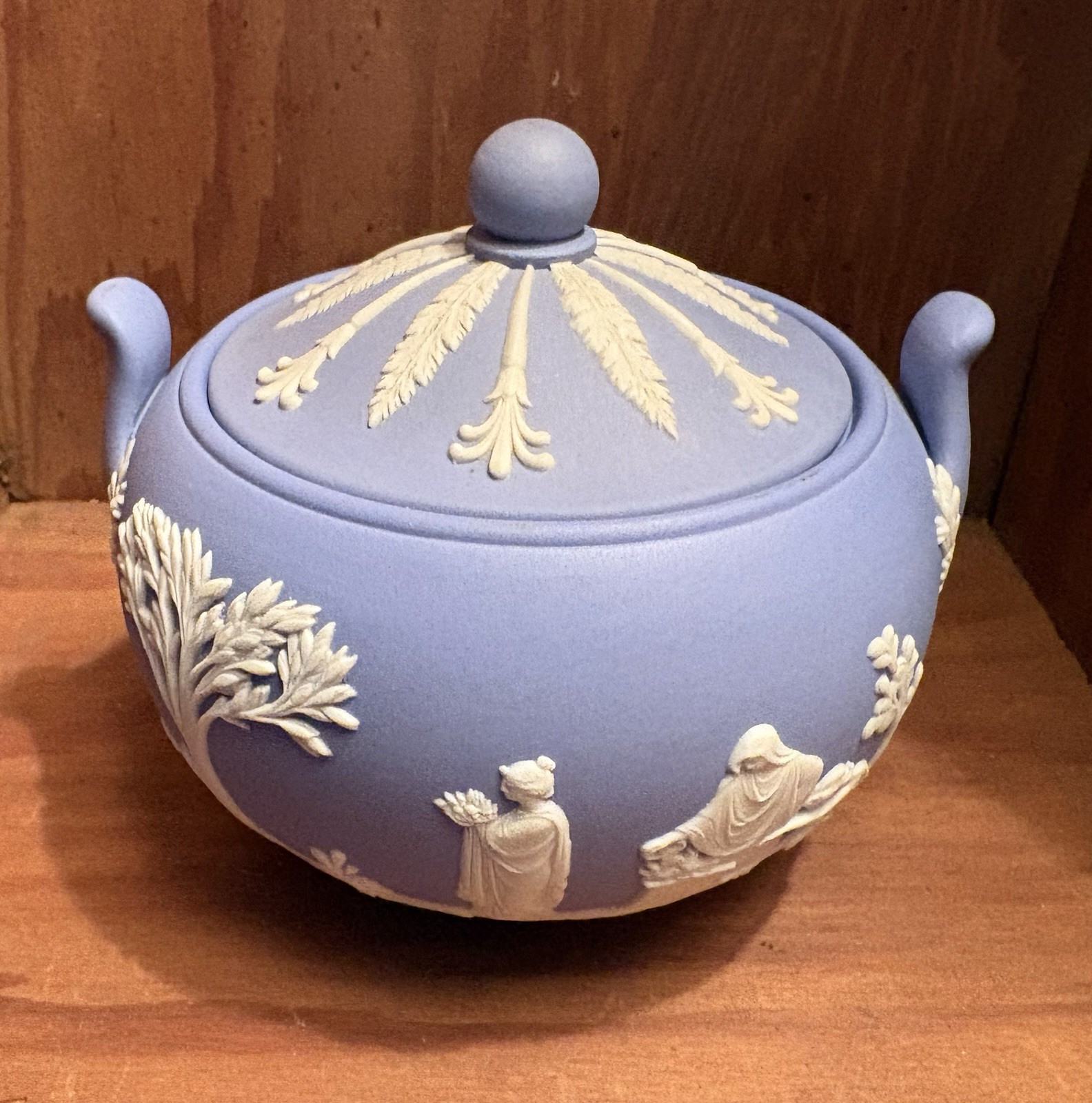 Wedgwood Blue Jasperware Covered Sugar Bowl Neoclassical Relief EUC Vintage Lid