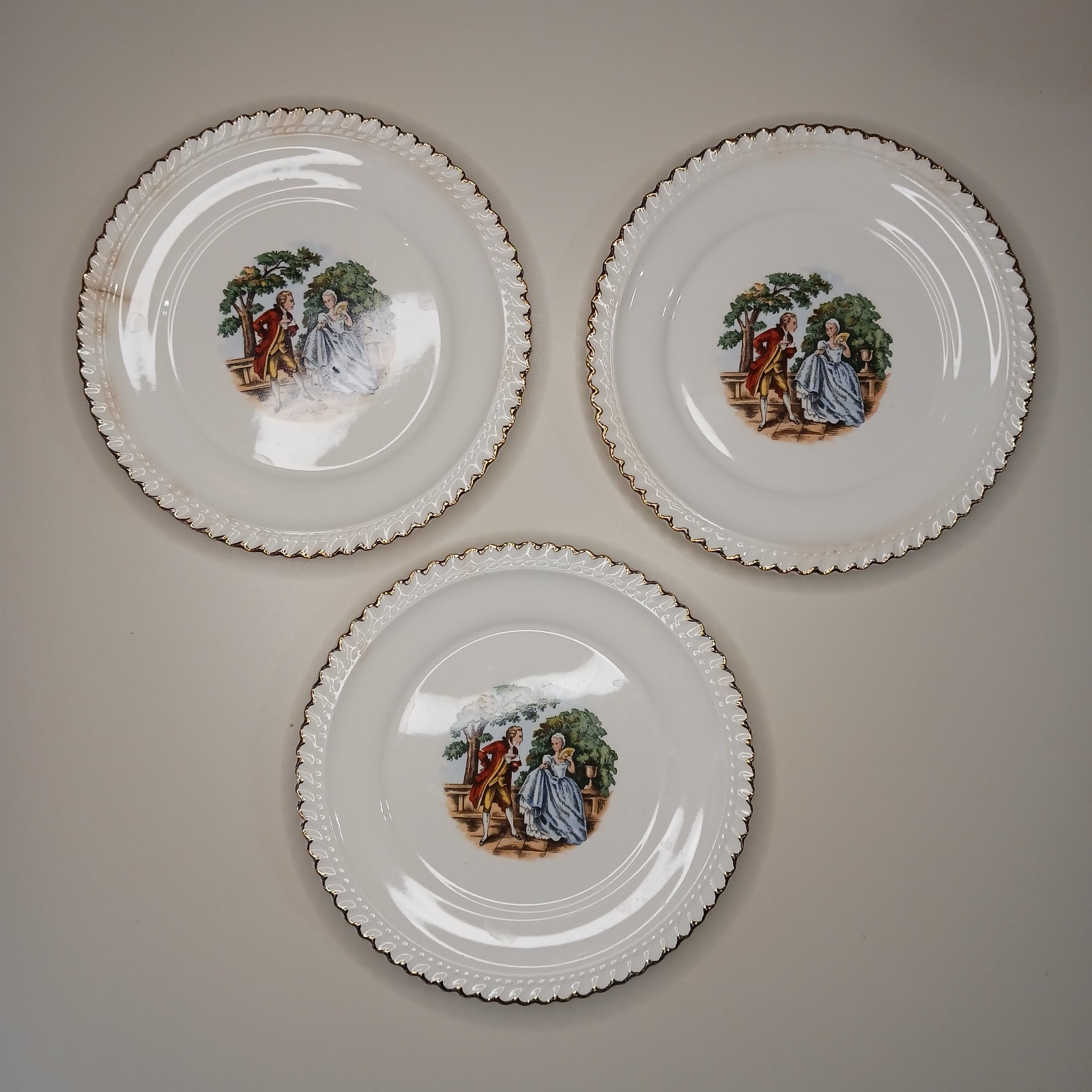 Vintage Harker Pottery Set of 3 Plate 6 1/4” 22 KT. Gold Colonial Couple White